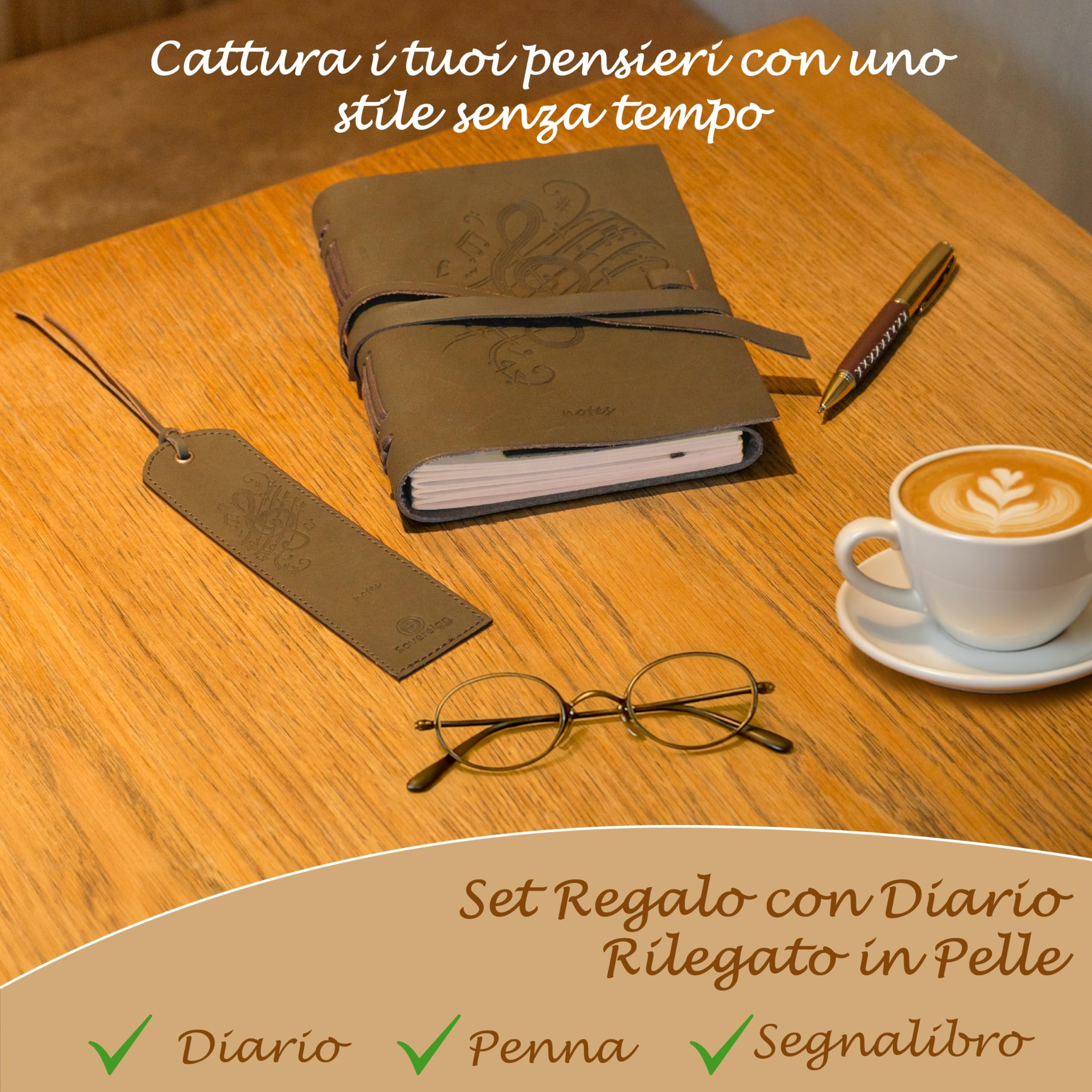 Leather Journal Embossed Music Gift Set + Antique Leather Bookmark + Pen, Handmade Writing Notebook 8x6 Inches Unlined Leather Bound Daily Notepad For Men For Women, Luxury Gift Box Diary for all ages
