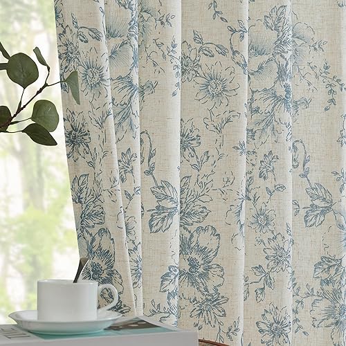 jinchan Cortinas de lino florales para sala de estar de 84 pulgadas de largo, cortinas con estampado azul, bolsillo para barra, pestaña trasera,