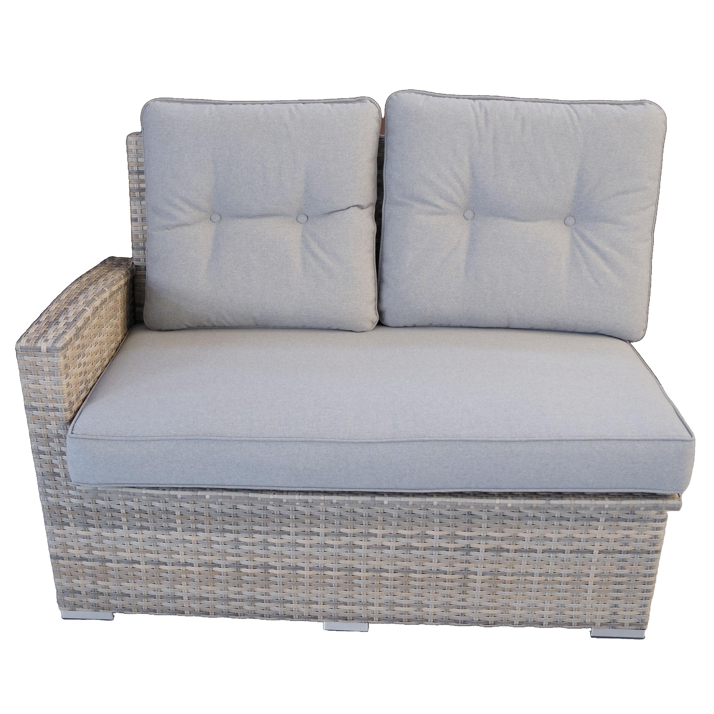 Ragnarök-Möbeldesign hohe Dining Lounge - DEUTSCHE Hersteller PolyRattan Gartenmöbel Weißes GlasZwei hellbraune Halbkreissofas graue Kissen