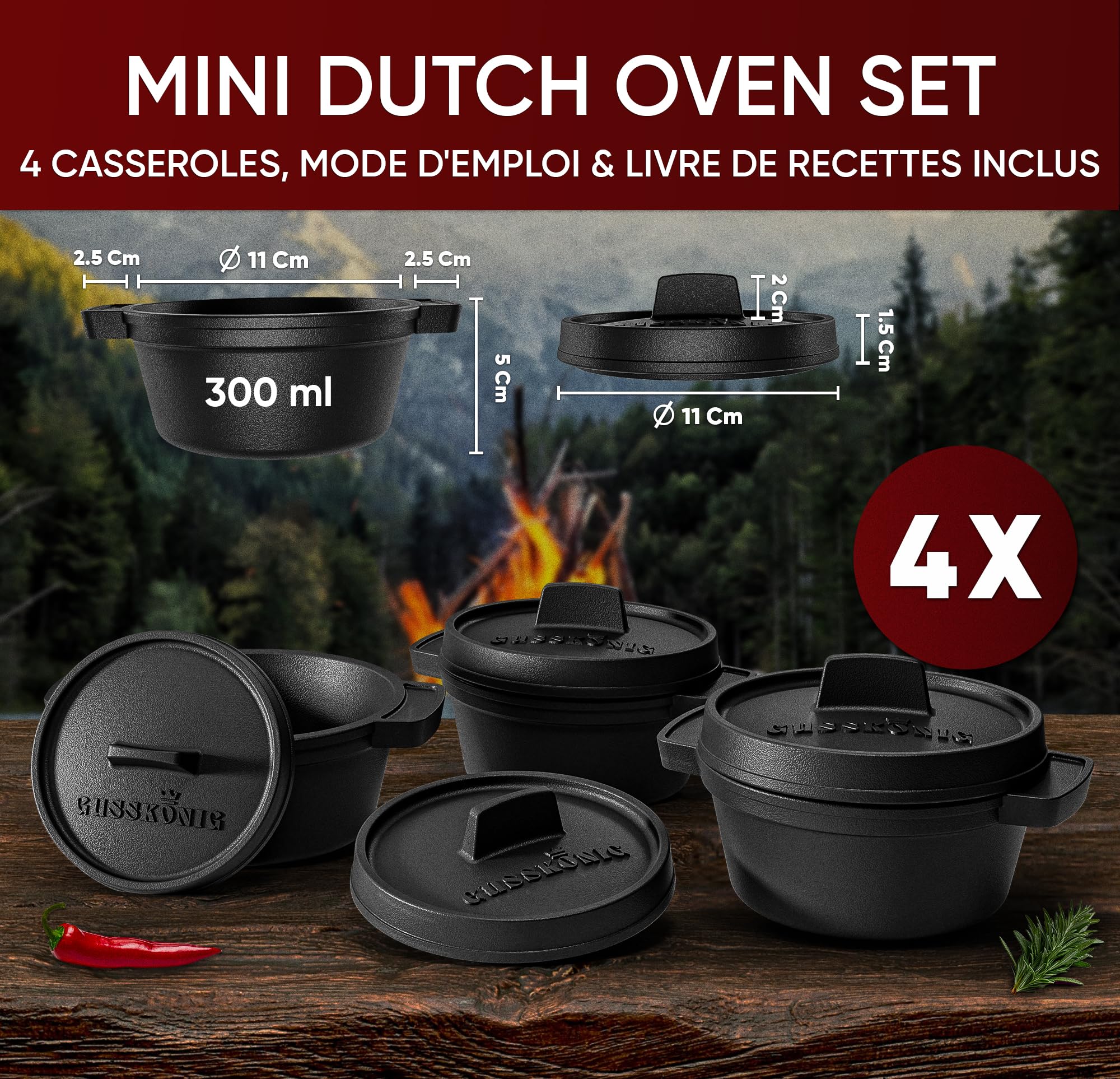 GUSSKÖNIG Ensemble Mini Dutch Oven - 4 Cocottes en Fonte 300 ml avec Couvercle - Cocotte Individuelle pour Barbecue (4 Pièces)