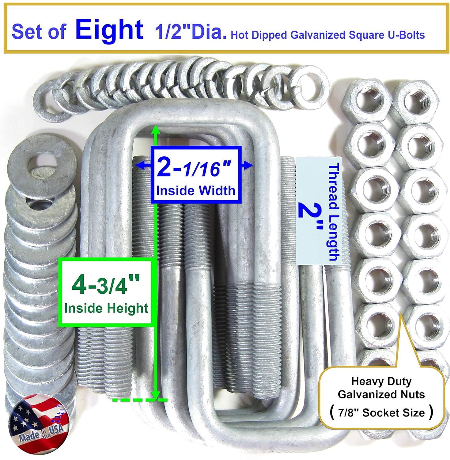 Super Sale 🛒 (8) HDG Hot Dipped Galvanized Square U-Bolts Boat Trailer U Bolt 1/2 D x 2 1/16 W x 4 3/4 L