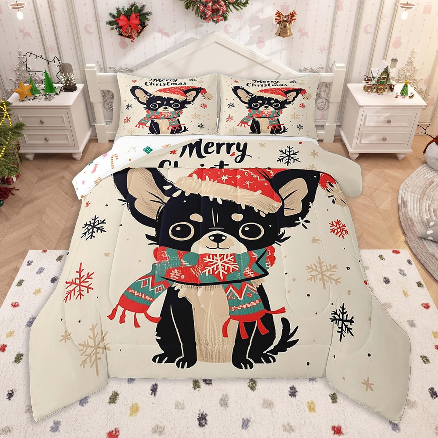 Feelyou Queen Size Dog Comforter Set for Kids Boys Girls Chihuahua Dog Christmas Comforter Merry Xmas Winter Bedding Set Room Decorations Duvet Set Quilt Set,1 Comforter+ 2 Pillow Shams
