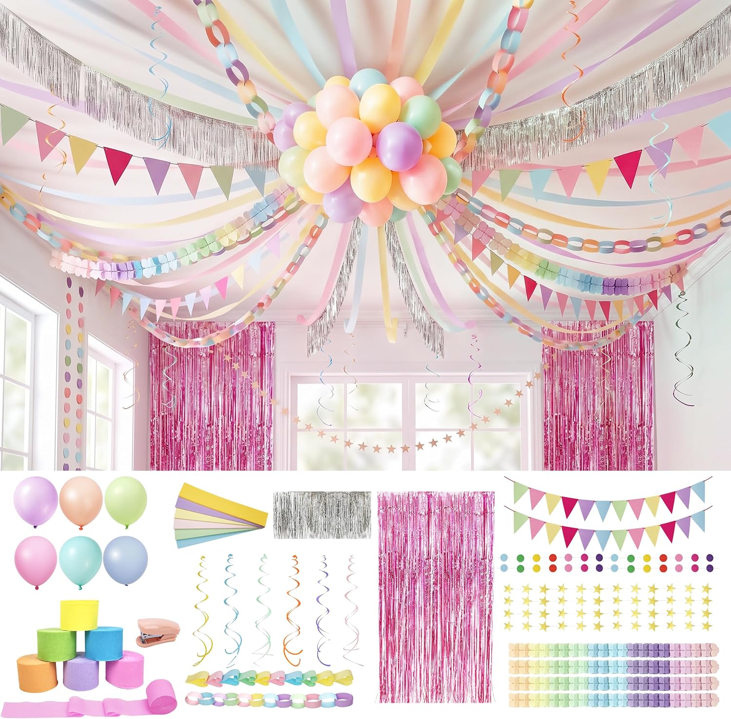 Paper Garland Kit with Paper Chain Strips, Fringe Curtains & Balloons