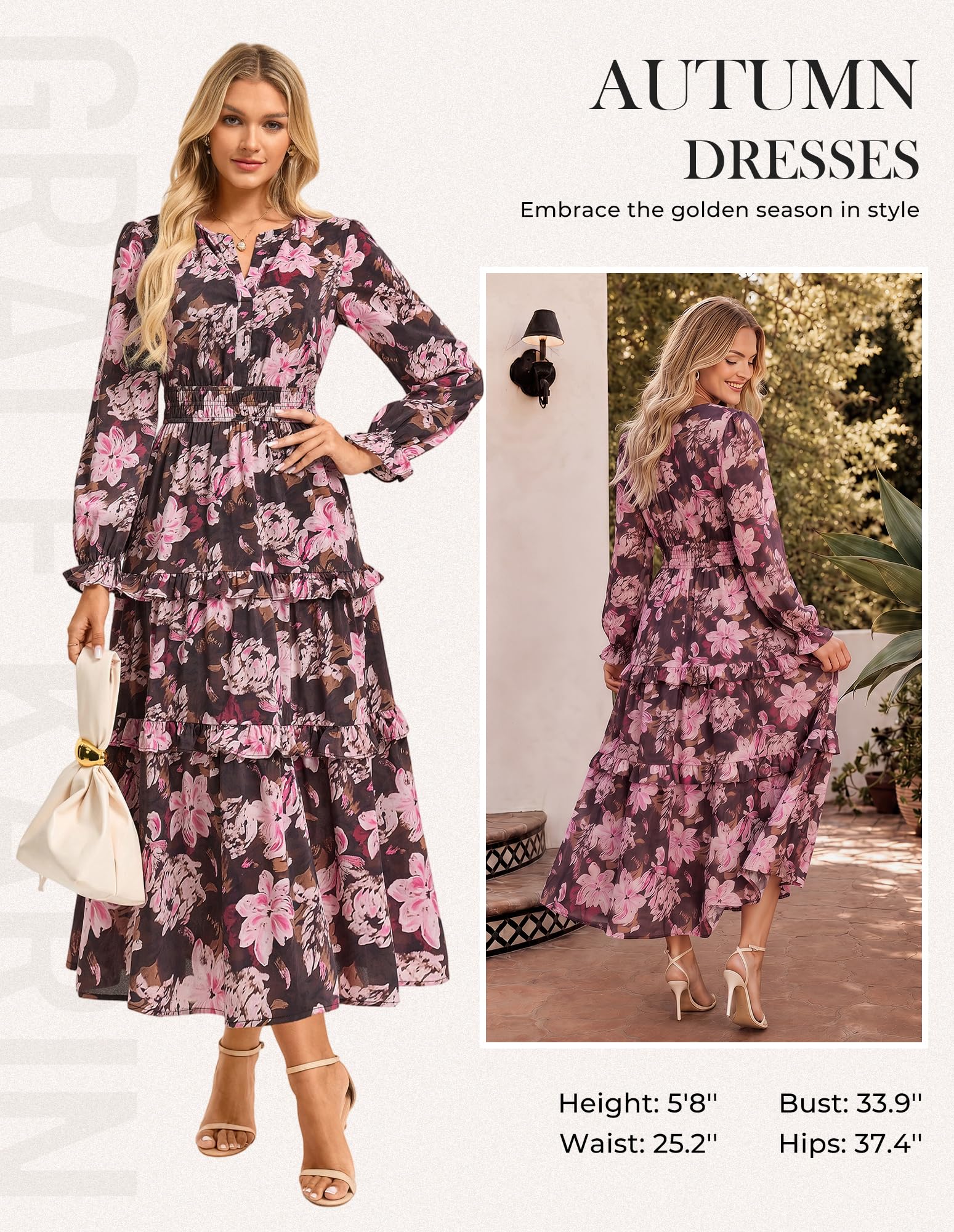 GRACE KARIN Kleid Hochzeitsgast Damen Chiffon A-Linie Blumen Kleid Damen | Mit Tasches|Maxi|A-Linie|Langarm|Henley V-Ausschnitt|Herbstkleid|Gefüttert|Leichtes