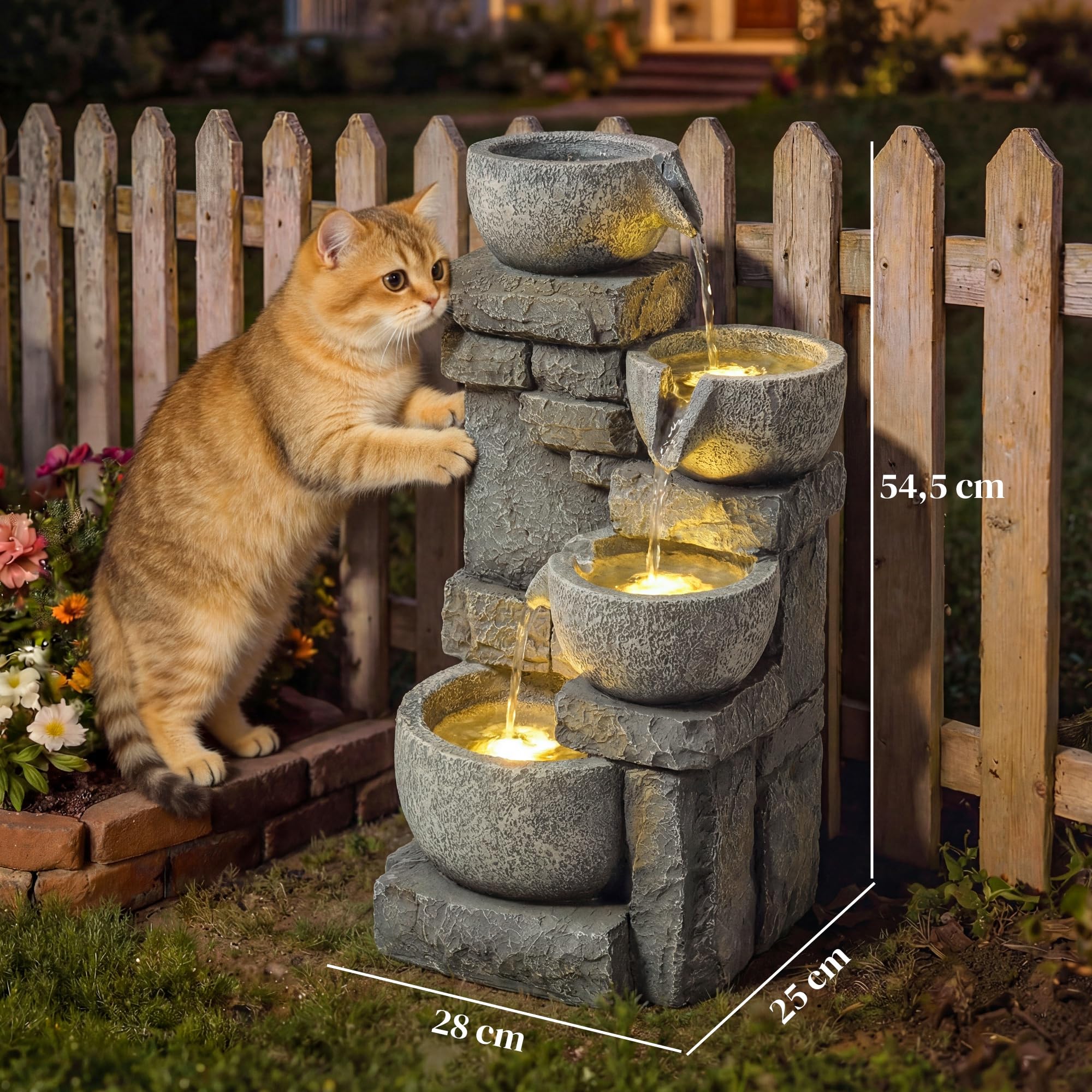 Outsunny Fontaine de Jardin Cascade 4 Niveaux - Décoration Effet Pierre et Brique avec Éclairage LED - Pompe à Eau Réglable pour Terrasse, Balcon et Salon (54,5 cm), Gris