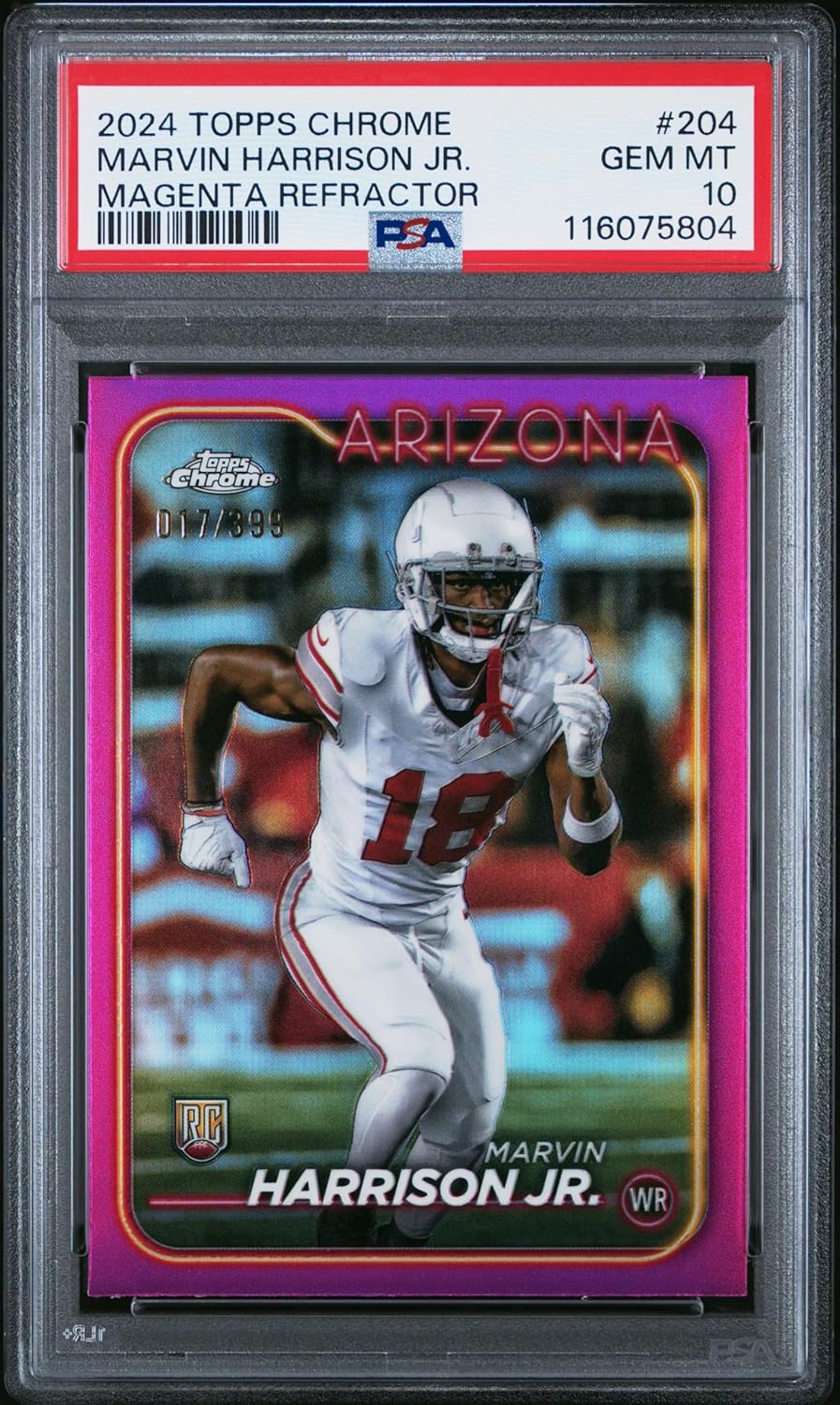Graded Psa 10 Marvin Harrison Jr. Magenta Refractor Serial Numbered 017/399 Football Rookie Card Toops Chrome #204 Cardinals Young Star Receiver