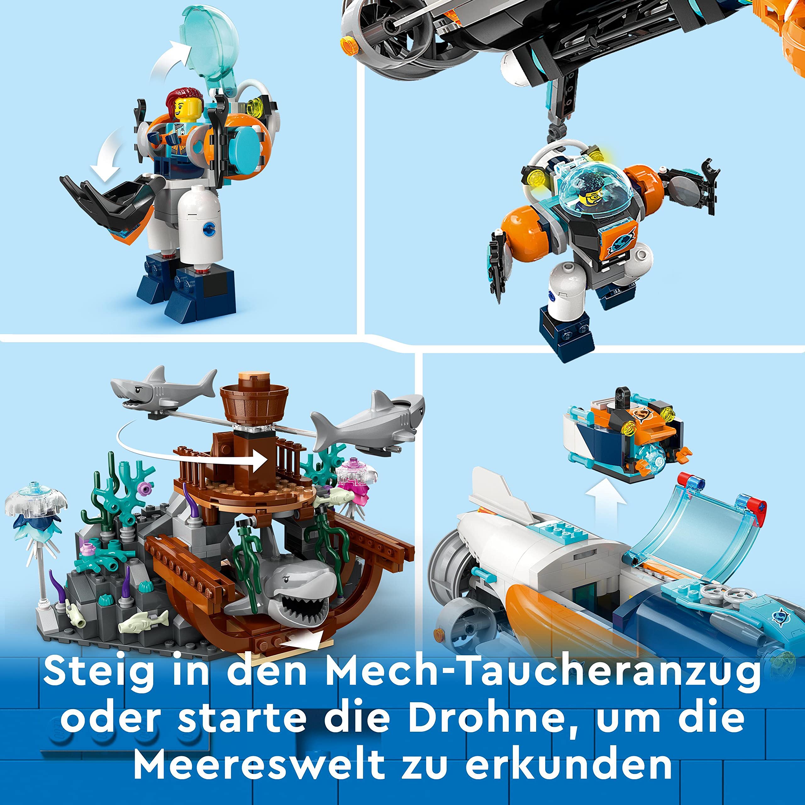 LEGO 60379 City Forscher-U-Boot Spielzeug, Unterwasser-Set mit Drohne, Mech, Minifiguren von Tauchern und Tierfiguren, Geschenk zum Geburtstag für Kinder, Jungen und Mädchen | Unterwasser-Set, Mit Drohne, Mit Mech, Minifiguren von Tauchern, Tierfiguren