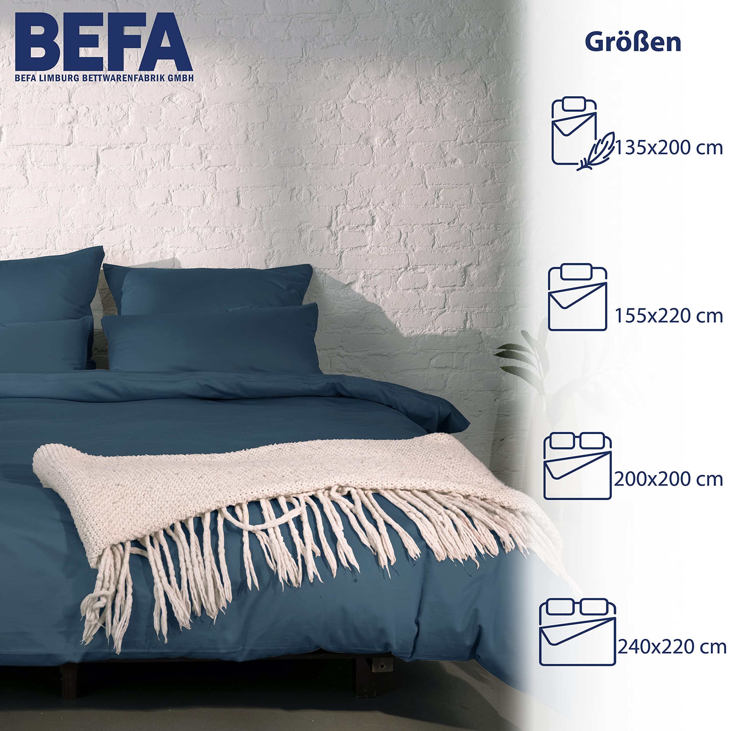 BEFA NATUR Made in Germany Bettwäsche Set, Bettbezug 155x220 cm und Kissenbezug 80x80 cm aus Baumwolle-Satin, Allergiker geeignet, Öko-Text 100 Klasse 1 Zertifiziert - Dunkelblau