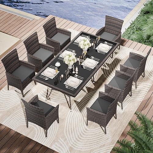 Miniatura 11 de Kullavik Juego de 15 muebles de comedor para exteriores, juego de muebles de ratán para patio, mesa de comedor y sillas con 12 sillas y cojines,