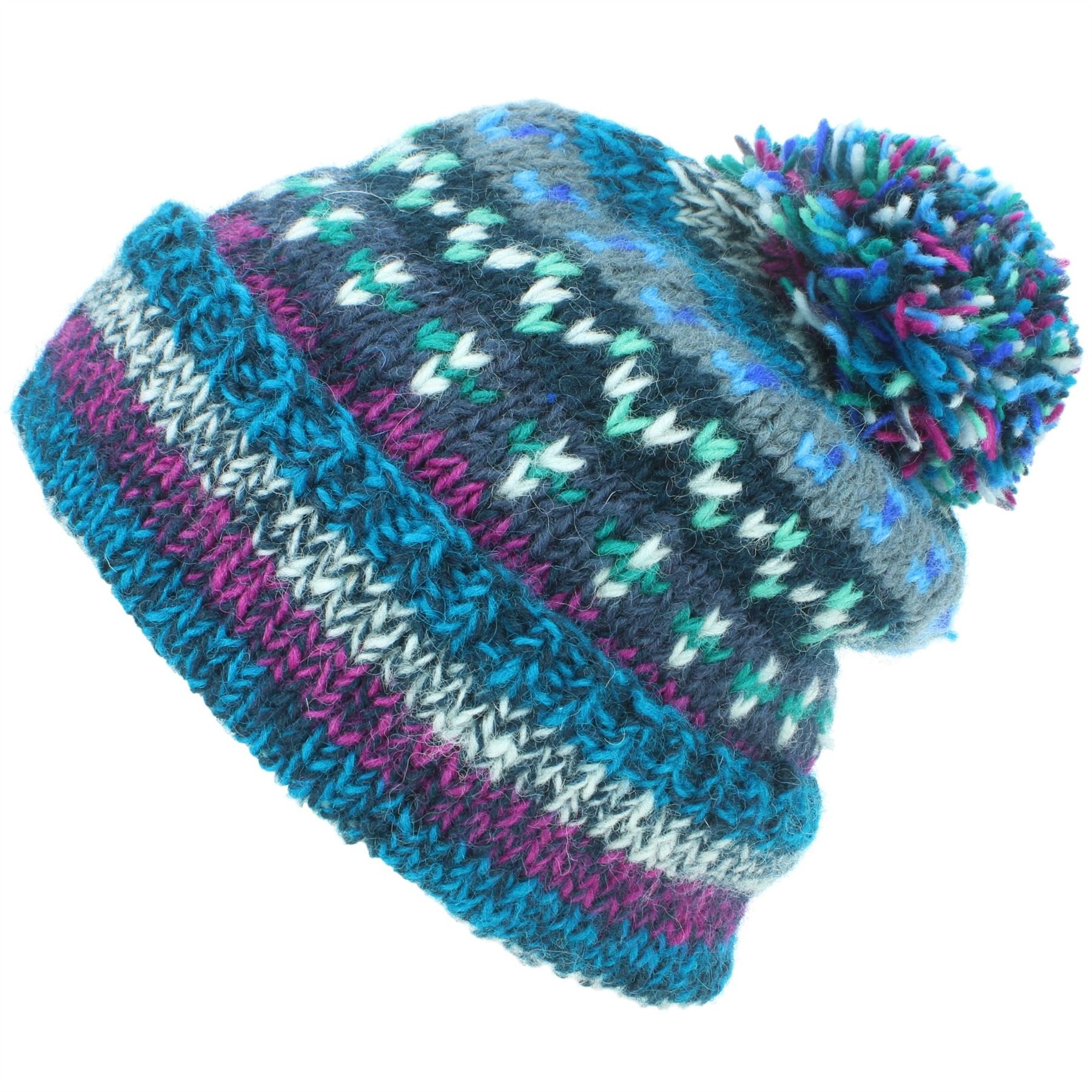 Loudelephant Unisex 17 Blue Chunky Wool Knit Abstract Pattern Beanie Bobble Hat - Blue