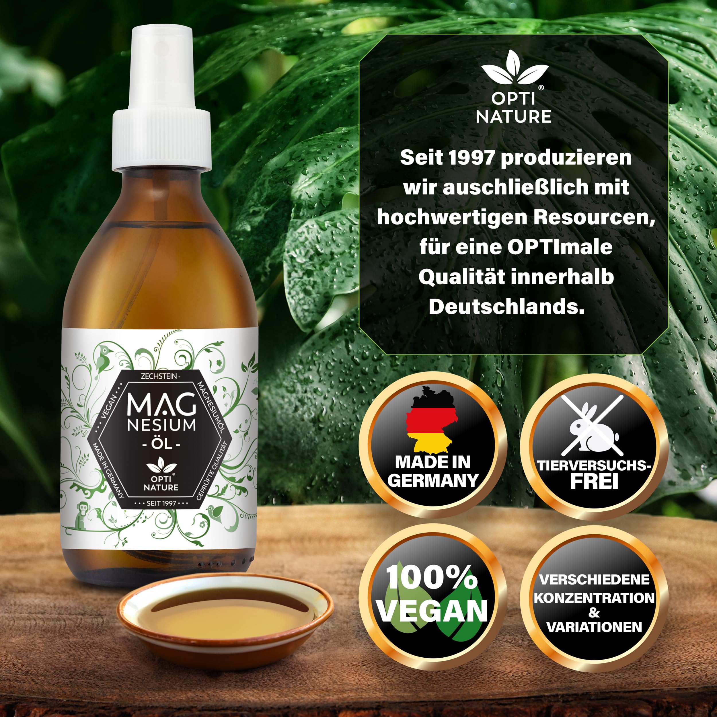100% Magnesiumöl - Zechstein | hoch bioverfügbares Magnesium Öl | 100-(5000) ml + Abfüllhahn | Flüssig - Tropfen | Liqid für die Haut, & reine Natursole | OPTI NATURE