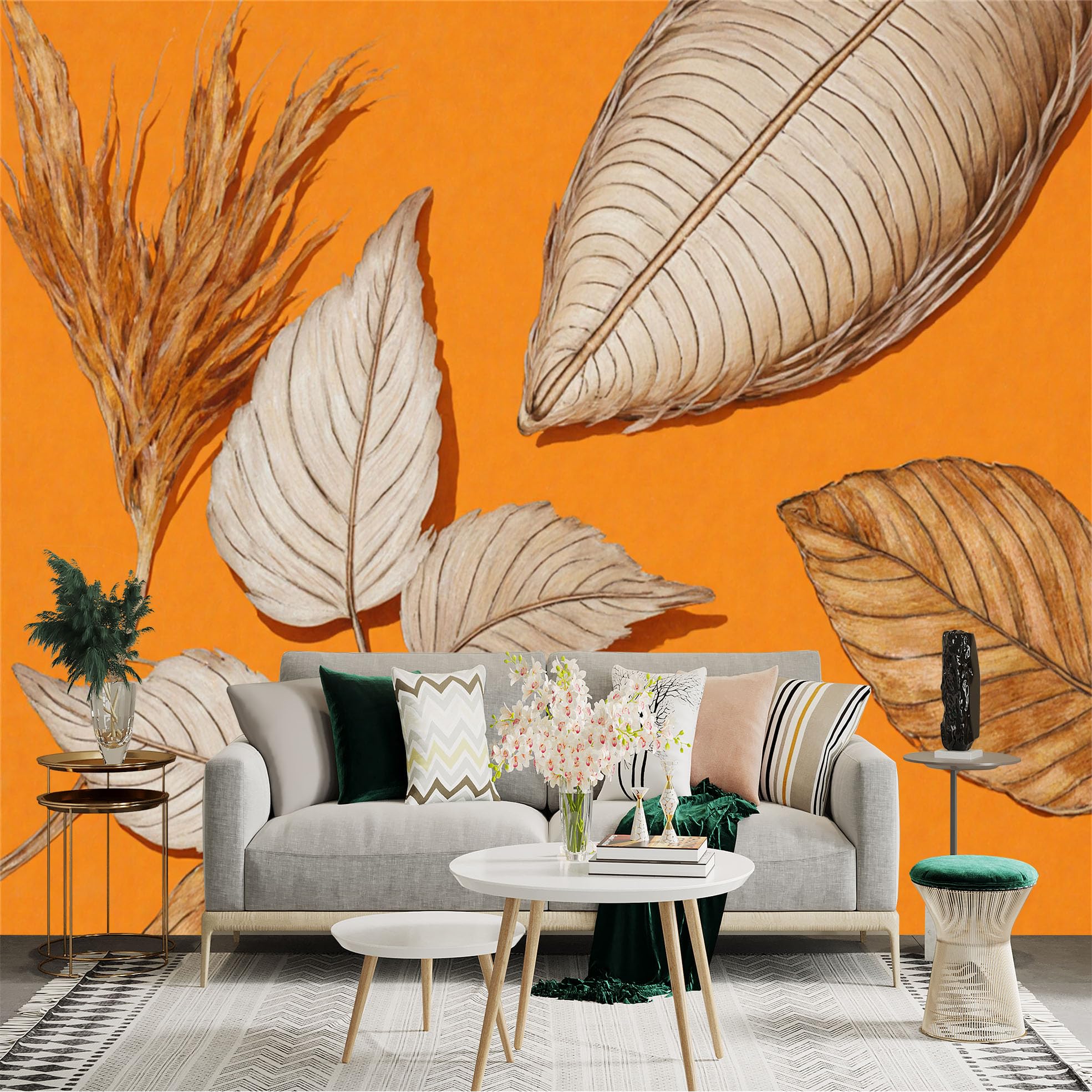 Custom Size Wall Sticker Mural， Dried Autumn Leaves， Botanical Art， Rustic Farmhouse Decor， Warm Orange Background， for wall Decoration， peelandstick wall Decals.