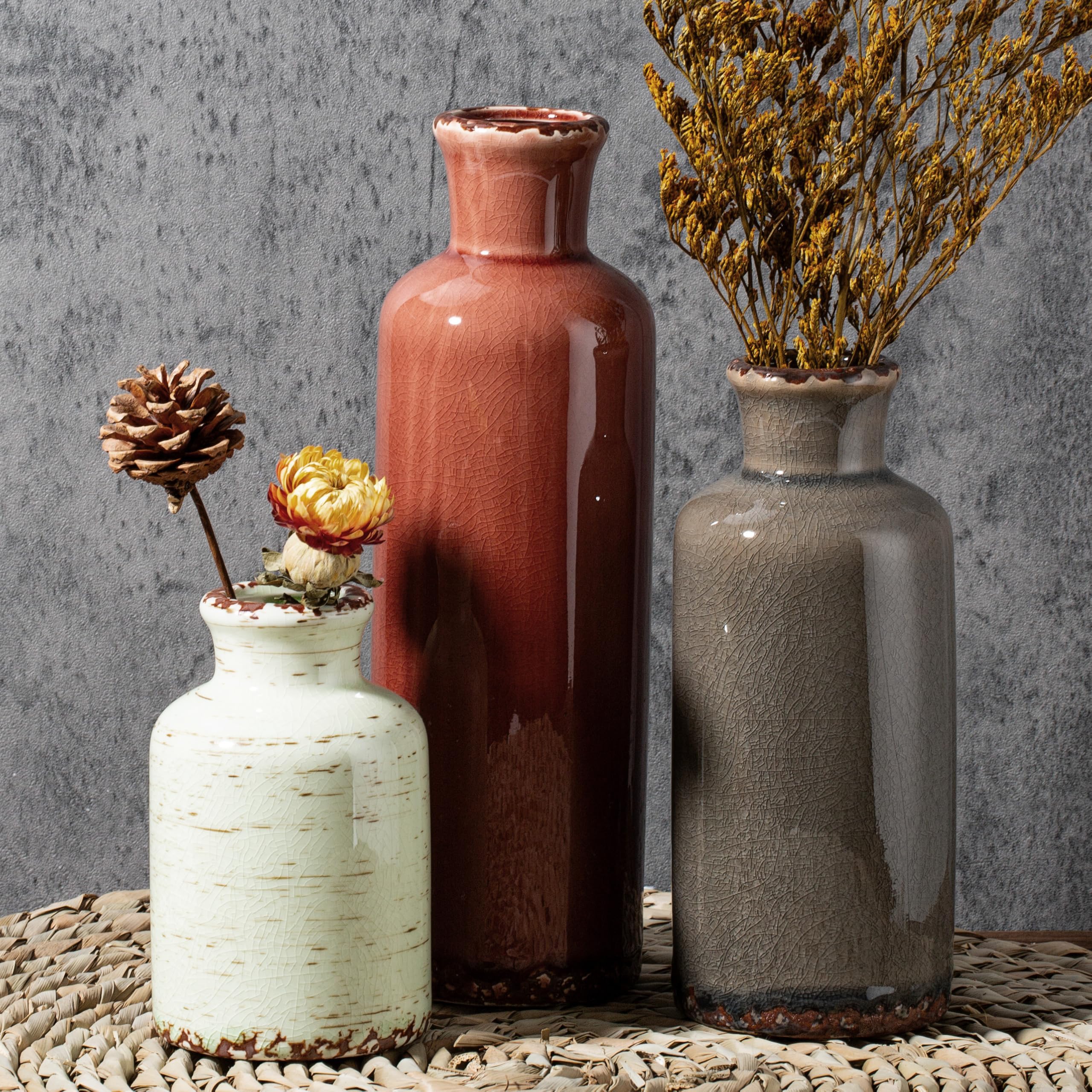 Sawoake Ceramic Vintage Vase Set of 3, Orange Brown Green Crackle Glaze, Chinoiserie Floral Decor for Farmhouse Shelf, Table Centerpiece, Mantel, Living Room & Office