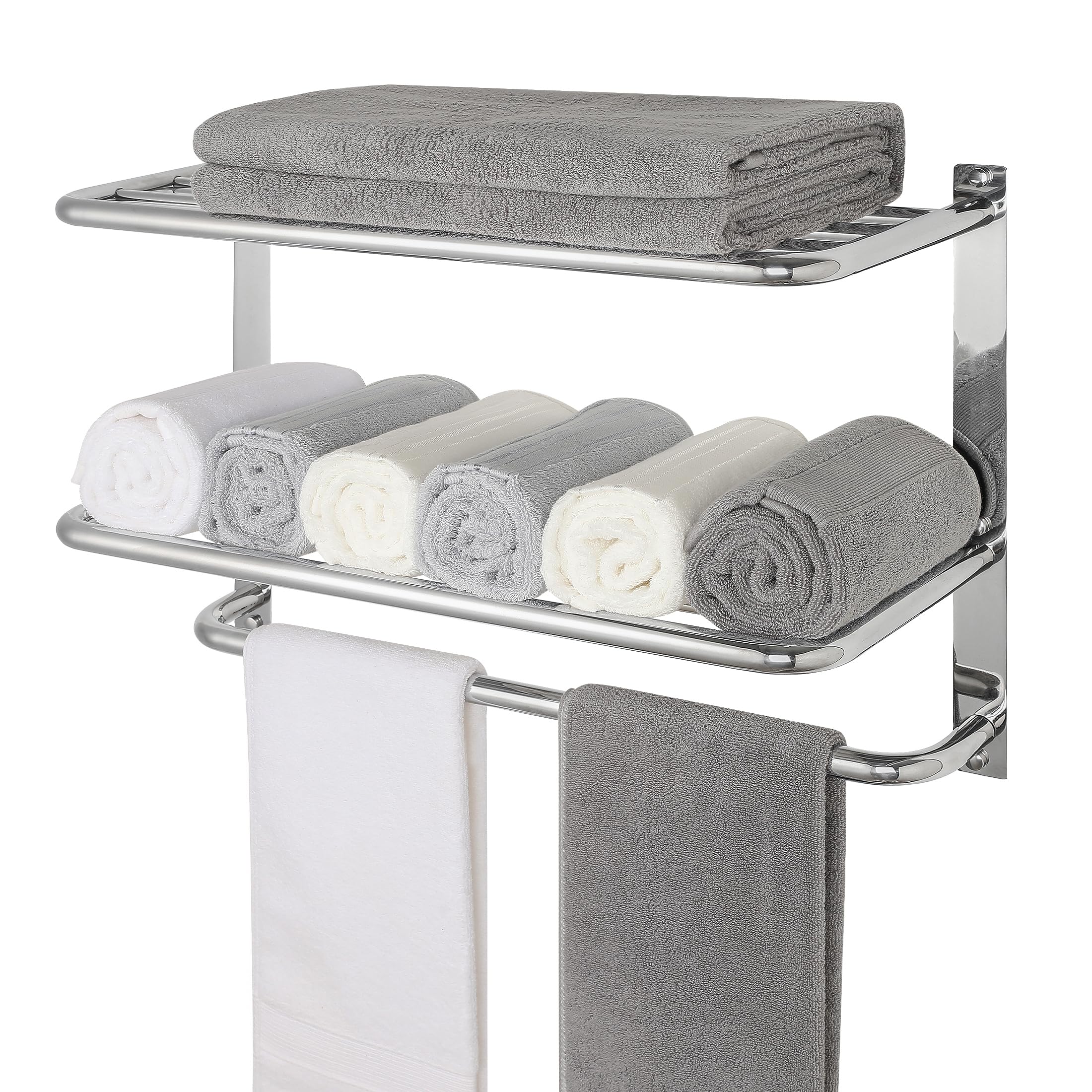 Towel Rack for Bathroom, DEWVIE 24 Inch Tower Holder with Tower Bars, SUS 304 Stainless Steel Lavatory Bath Towel Shelf Towel Hanger Wall Mount, 3-Tier (Brushed Nickel)