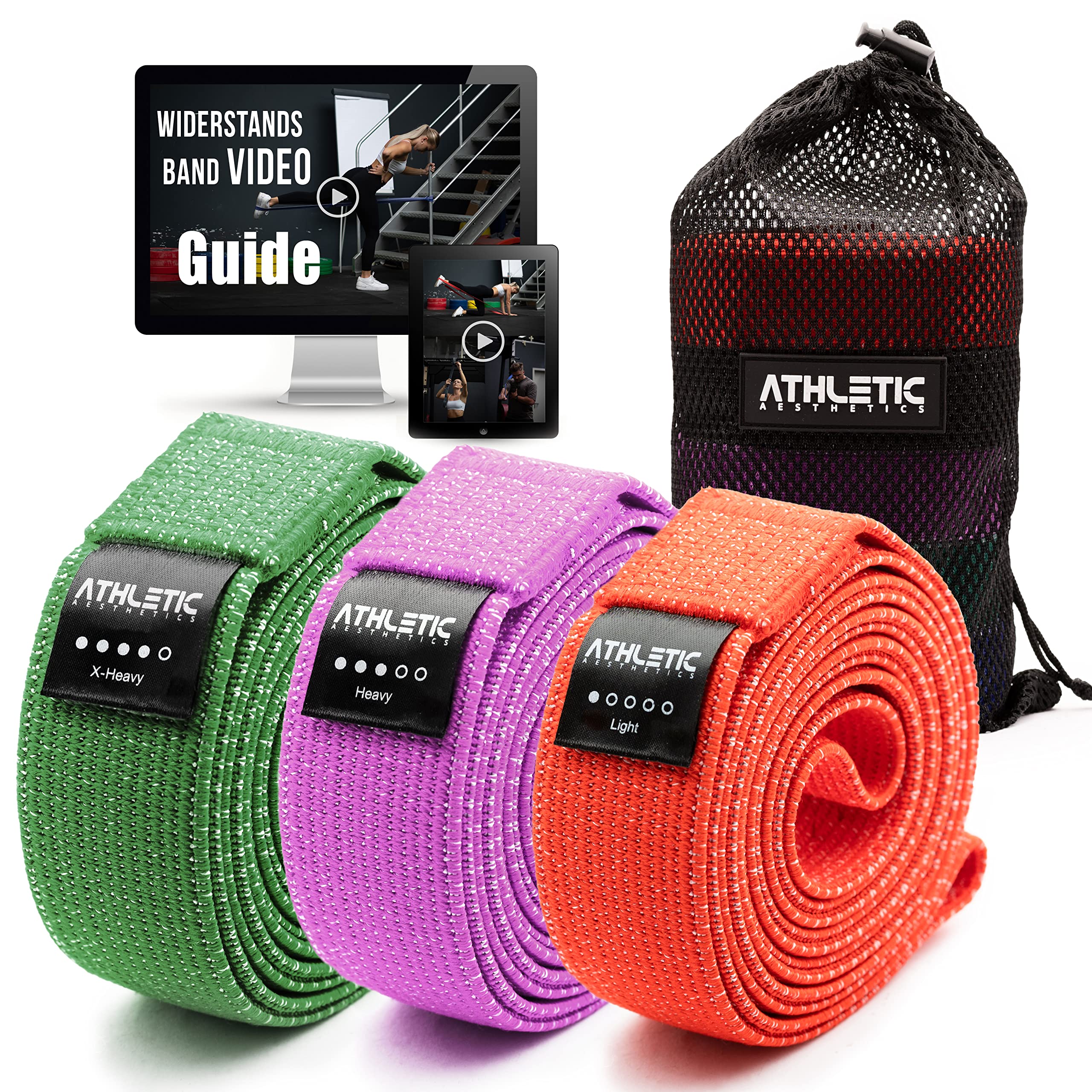 ATHLETIC AESTHETICS Premium Resistance Bands/Widerstandsbänder mit Stoff [ Als Fitnessband und Fitnessbänder Set + Tasche und Videokurs] Fitness Band z.B. als Klimmzughilfe für Damen & Herren