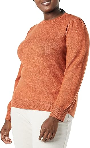 Amazon Essentials Women's Soft Touch Pleated Shoulder Crewneck Sweater, Caramel, Large