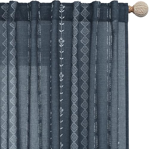 Navy Blue and White Patterned Curtains,Floral Boho Striped Print Farmhouse Winter Pattern Curtains for Living Room Bedroom 84 Inch Length
