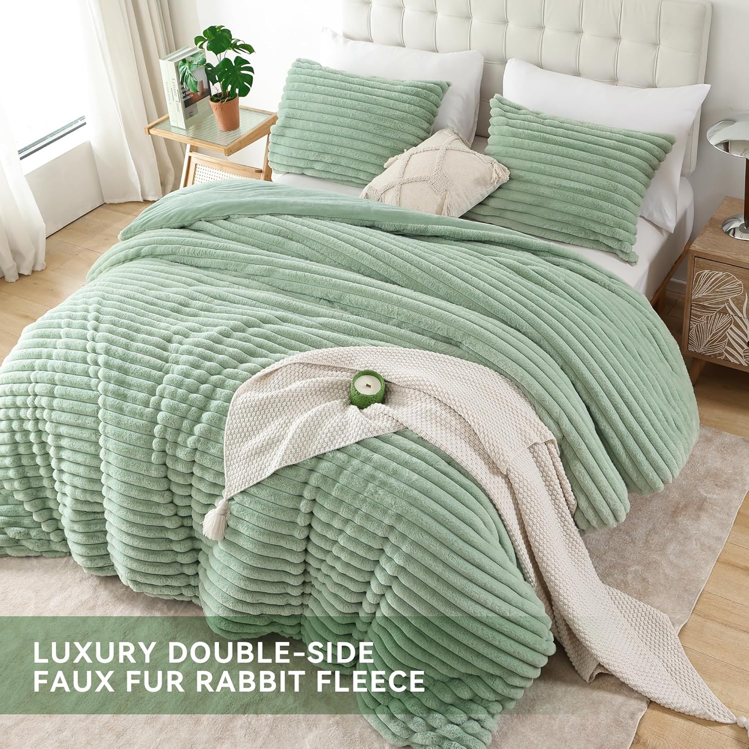 Smoofy Fluffy Queen Comforter Set 3 Pieces - Sage Green Fleece Fluffy Comforter Set, Luxury Fuzzy Queen Bedding Set, Soft Warm Bed Set All Season, Heavy Faux Fur Comforter with 2 Pillow Cases - Image 4