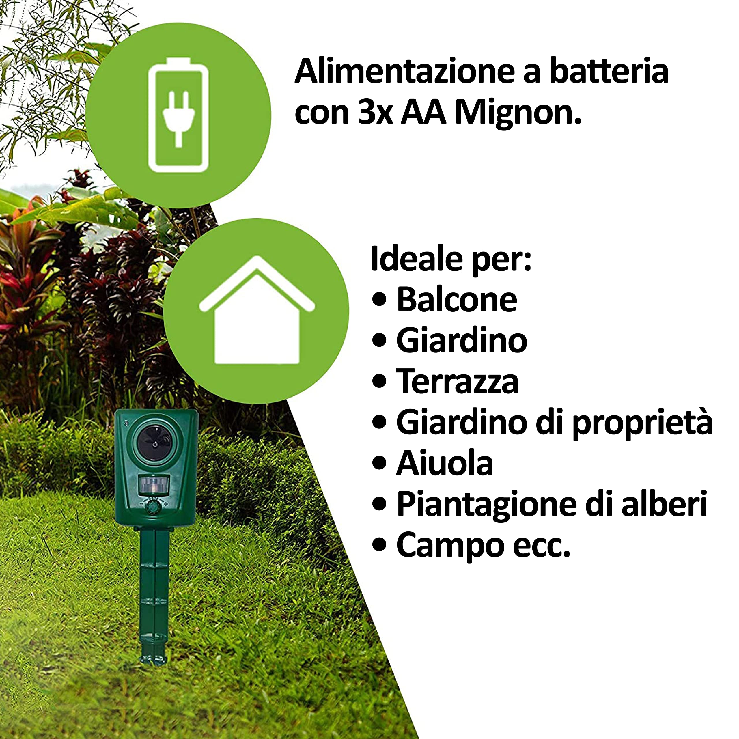 ISOTRONIC repellente animali ultrasuoni selvatici uccelli cani gatti martore batteria picchetto giardino incluso raggio 60m² 3 pezzi efficace esterno dissuasore protezione difesa ecologico stop