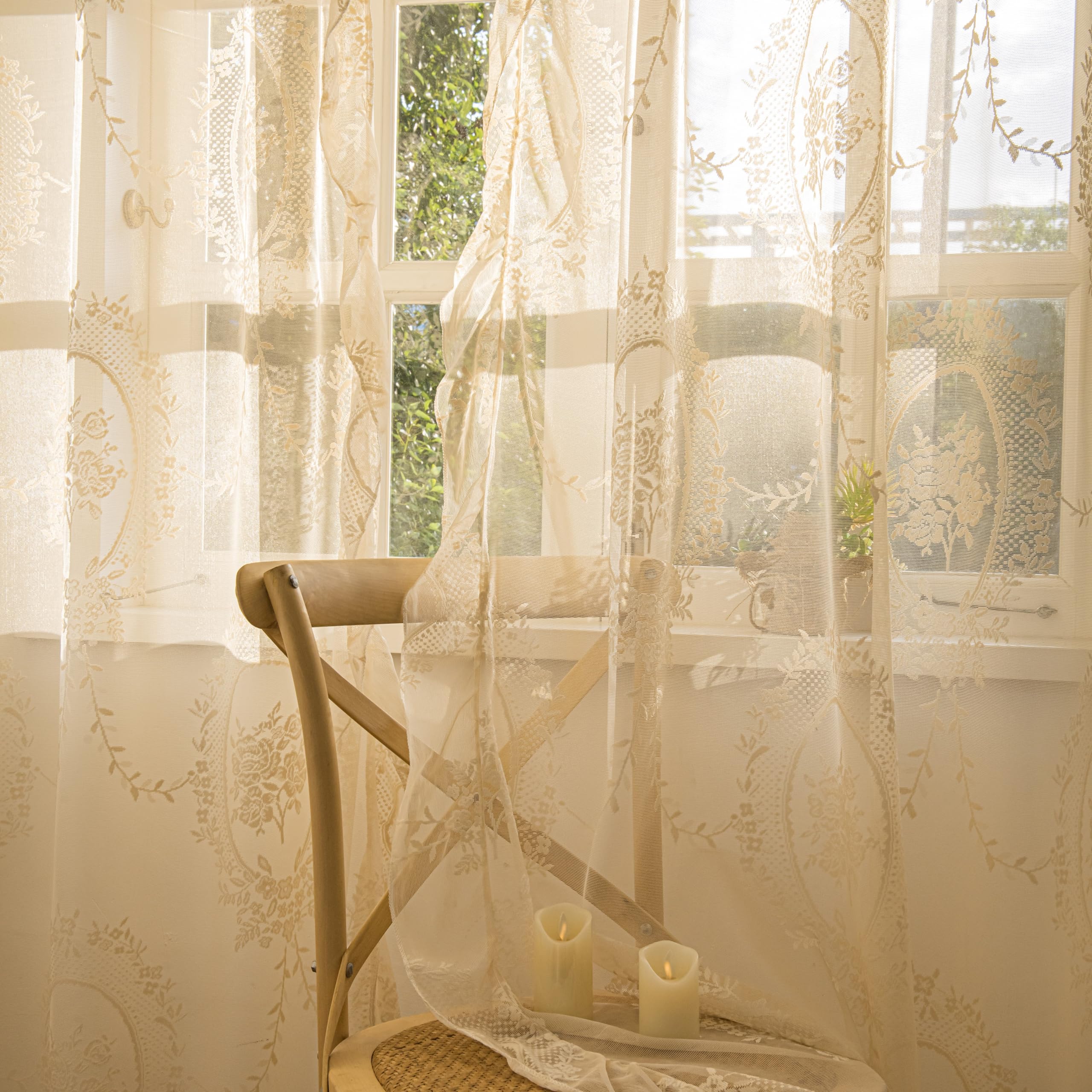Lavyhuno Lace Curtains 96 inches Long for Living Room Bedroom French Vintage Floral Embroidery Scalloped Edge Window Dressing Farmhouse Pair Rod Pocket 56" x 96" — image 1