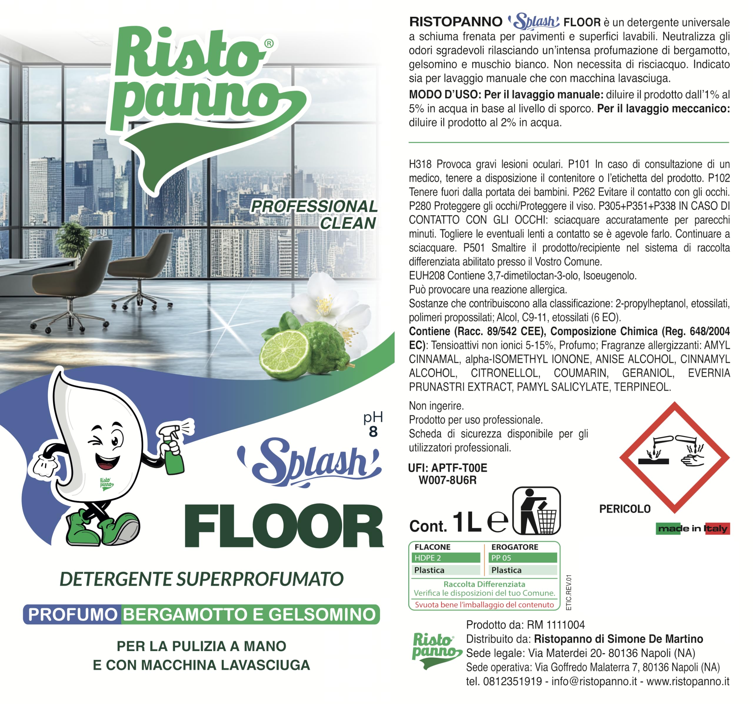 3PZ x 1L Lavapavimenti Professionale Super Profumato | Senza Risciacquo - Bergamotto e Gelsomino - Detergente Pavimenti Manuale o Macchina - Prodotti Pulizia SPLASH FLOOR