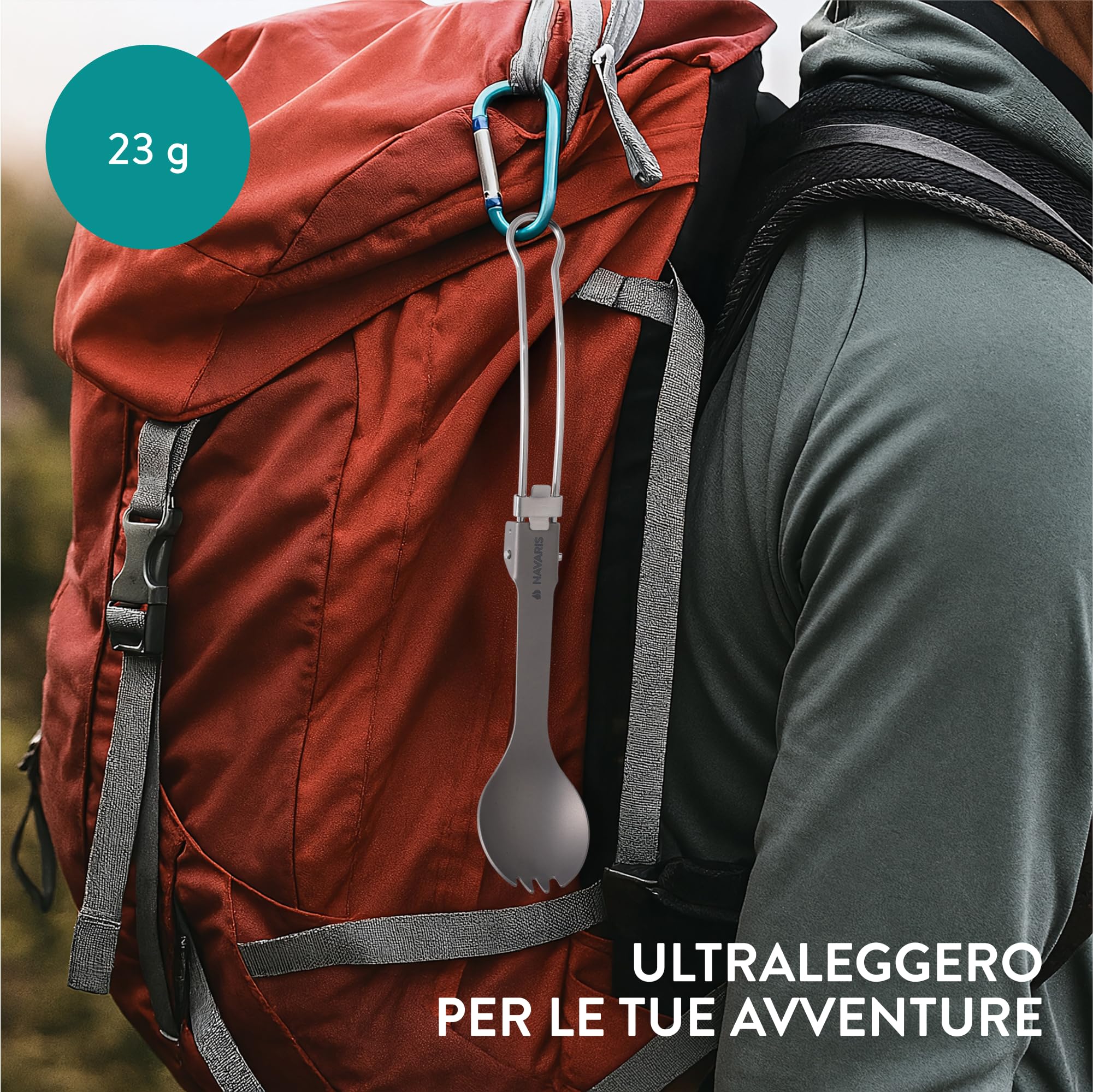 Navaris Spork Pieghevole - Cucchiaio Forchetta 2 in 1 da 21,5 cm - Posate da Campeggio Pieghevoli in Acciaio Inox e Titanio - Include Portaposate da Viaggio in Flanella