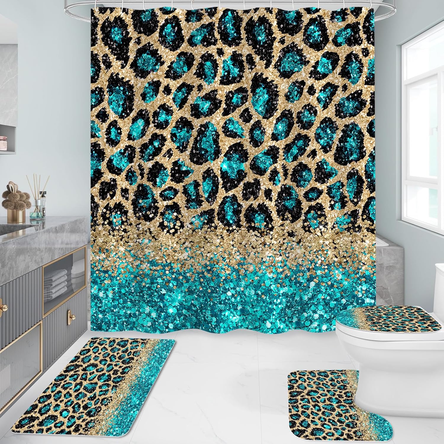 Litabel 4 Pcs Teal Leopard Print Shower Curtain Set with Non-Slip Rugs, Toilet Lid Cover and Bath Mat, Wild Animal Skin Bathroom Decor Set with Shower Curtain and Rugs(Hooks Not Included)