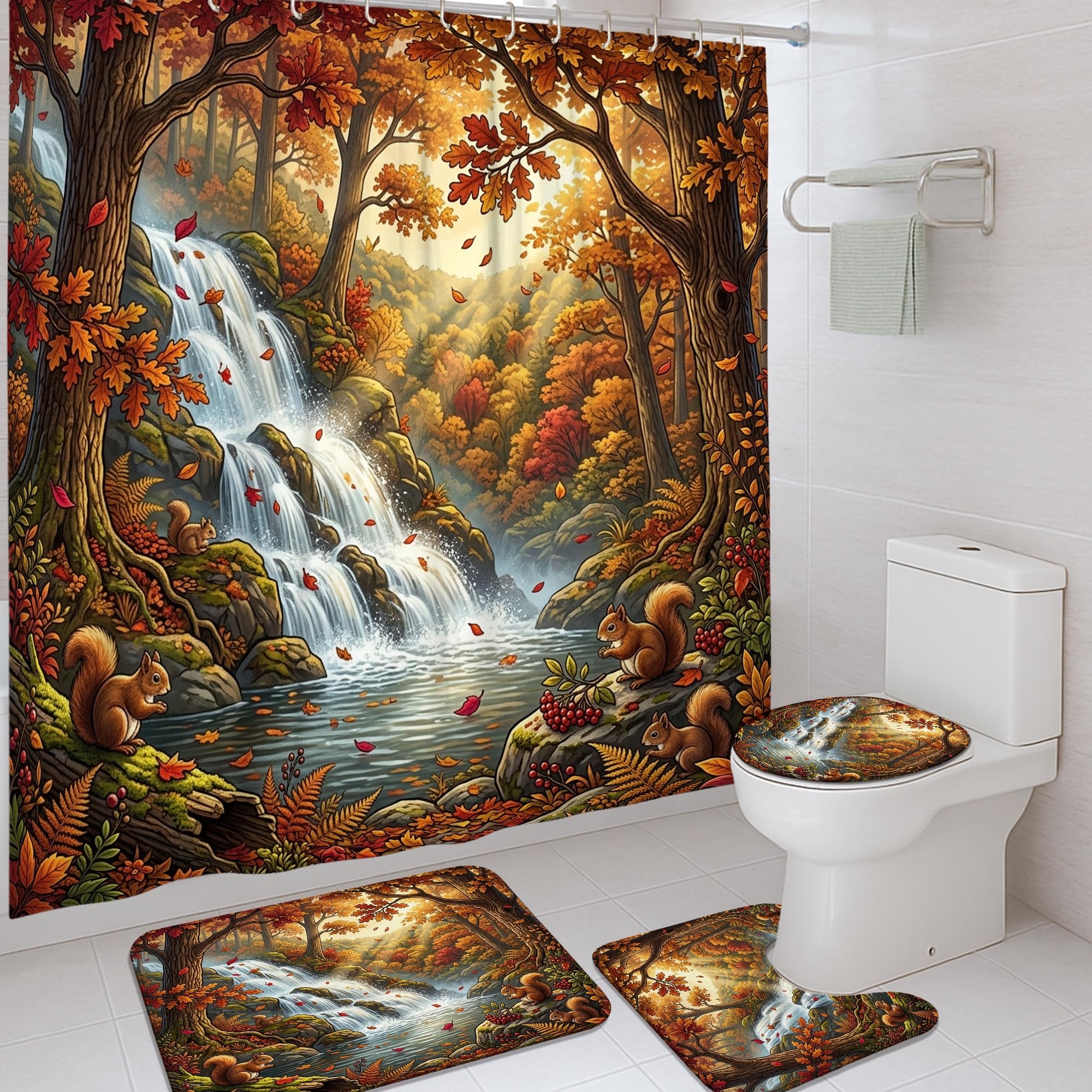 Rideau de douche écureuil rustique pour retrouver la douceur des matins d'automne