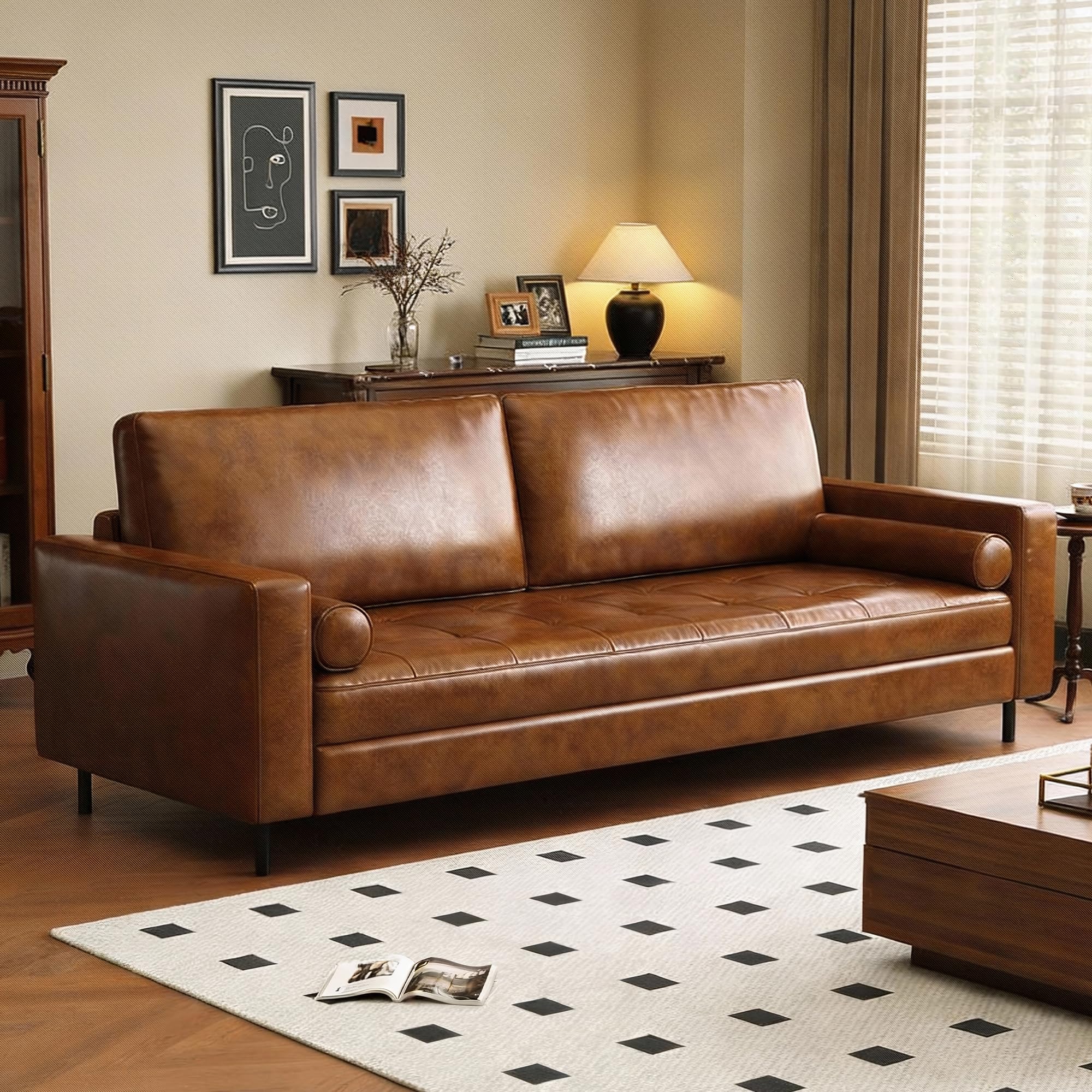 Faux Leather Sofa 80 31 for Three Medieval Style Simple and Fashionable Design Solid Wood Frame with Metal