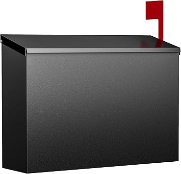 Wall-Mount Mailbox for Outside, Large Capacity Rust-Proof Mail Box with Stay-Open Lid & Red Flag Kit, Galvanized Steel Weather-Resistant Post Box for House Outside, 10.5"x4.3"x14.2", Black