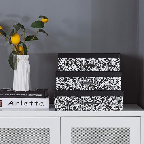 Miniatura 2 de Soul & Lane Modernas cajas de cartón decorativas botánicas con tapas, juego de 3 letras florales en blanco y negro para guardar documentos, cajas de