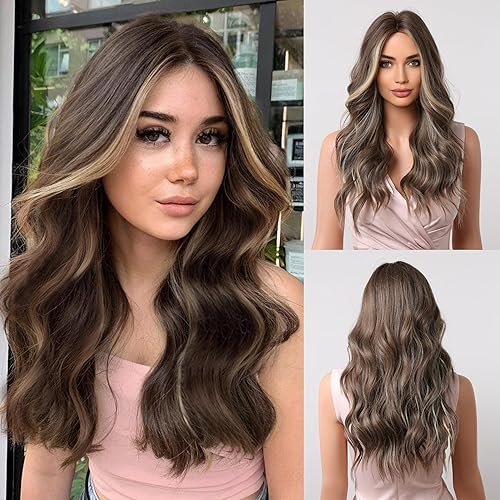 HAIRCUBE Pelucas largas de color marrón para mujer, peluca de cabello ondulado sintético para uso diario