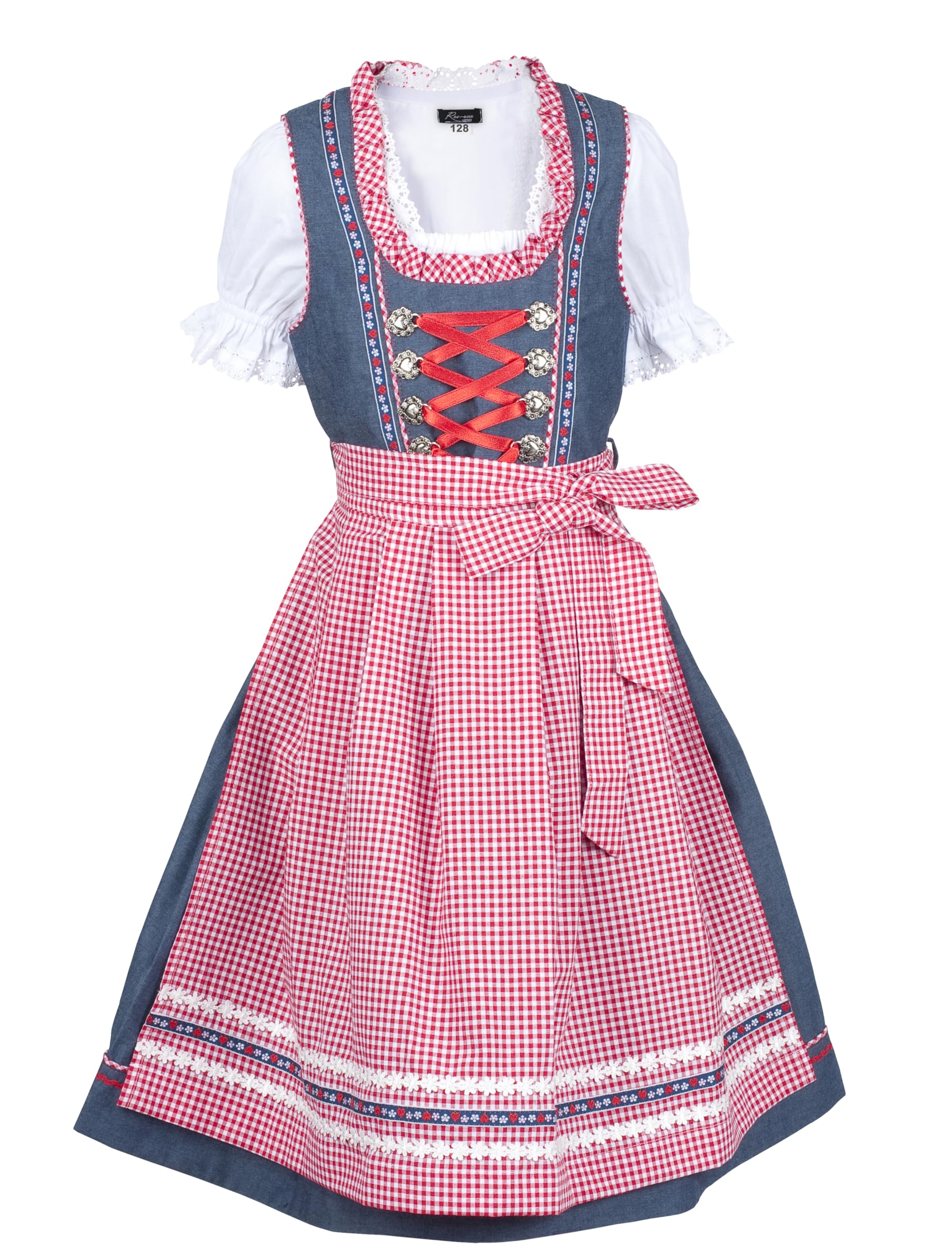 Ramona Lippert® Dżinsy dziecięce Dirndl Naomi, niebiesko-różowe - 3-częściowy strój ludowy Dirndl dla dziewczynek, czerwony, 158-164