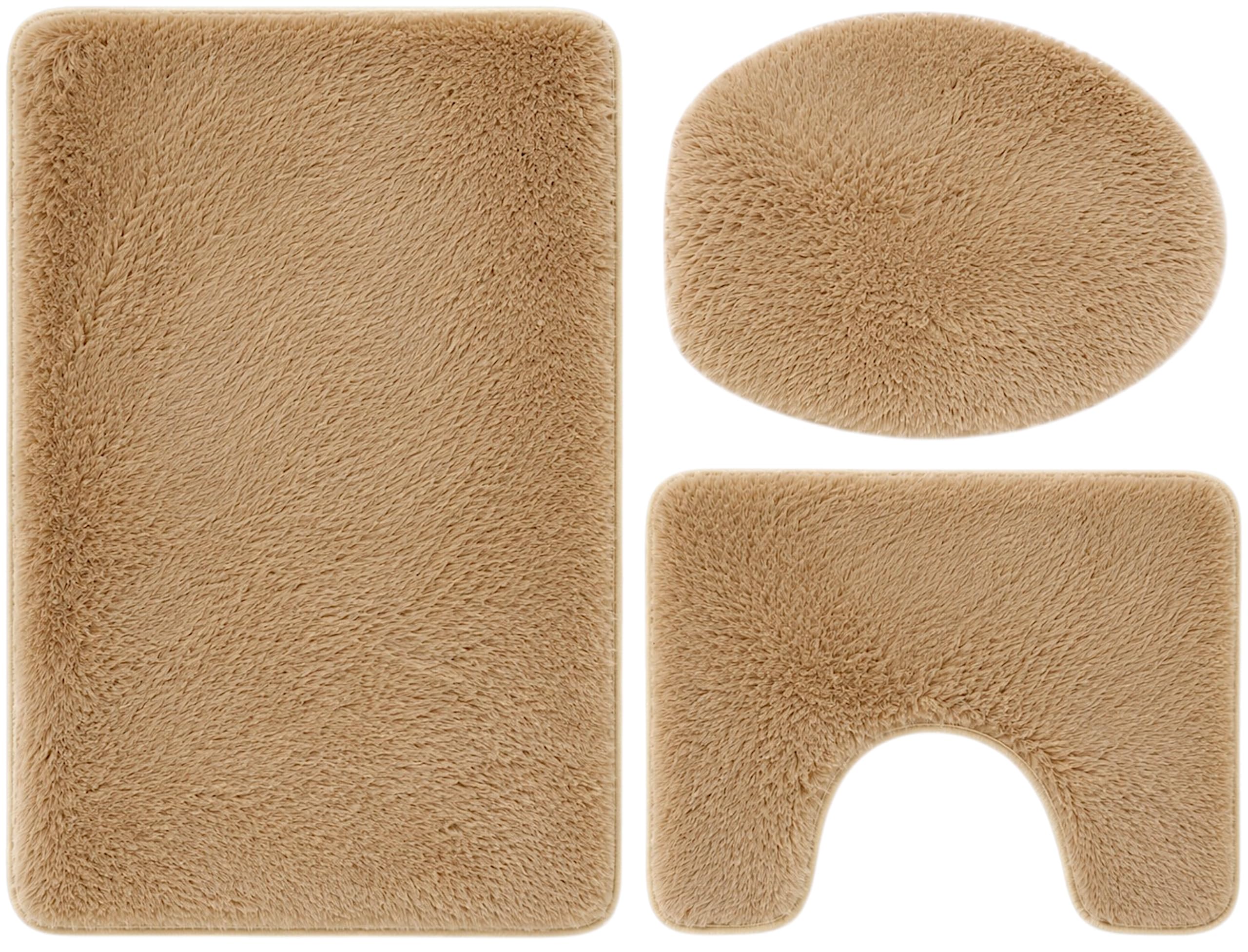 Badematten Set 3 teilig antirutsch - 50 cm x 80 cm 50 cm x 40 cm und WC Deckelbezug 40 cm x 45 cm - Beige Badteppiche aus Polyester - 20 mm Flor für Bad Dusche und Gäste WC