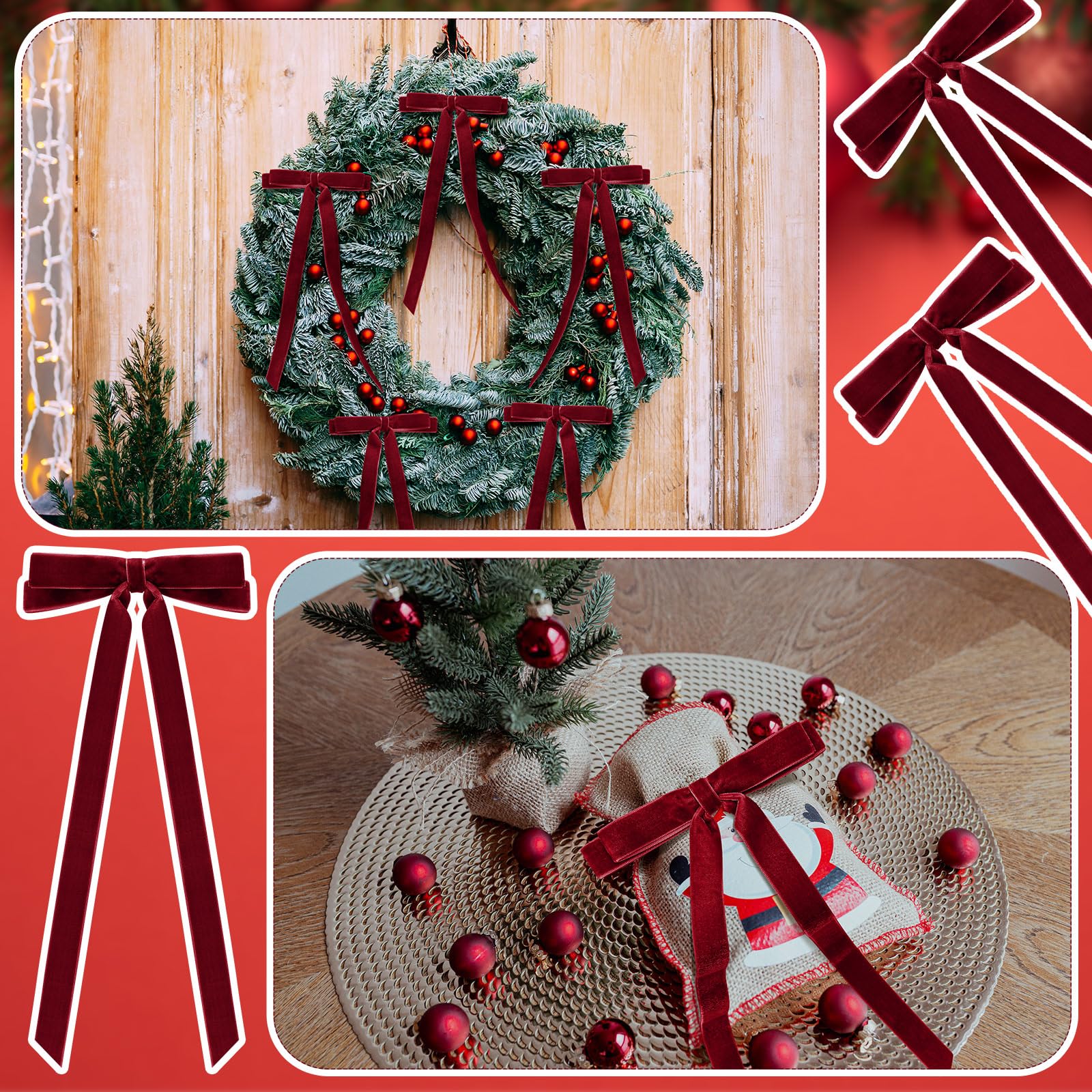 Giegxin Lot de 30 nœuds en velours double pour sapin de Noël, couronne, guirlande, décoration de Noël, décoration d'intérieur, d'intérieur et d'extérieur (bordeaux) 28 x 14 cm
