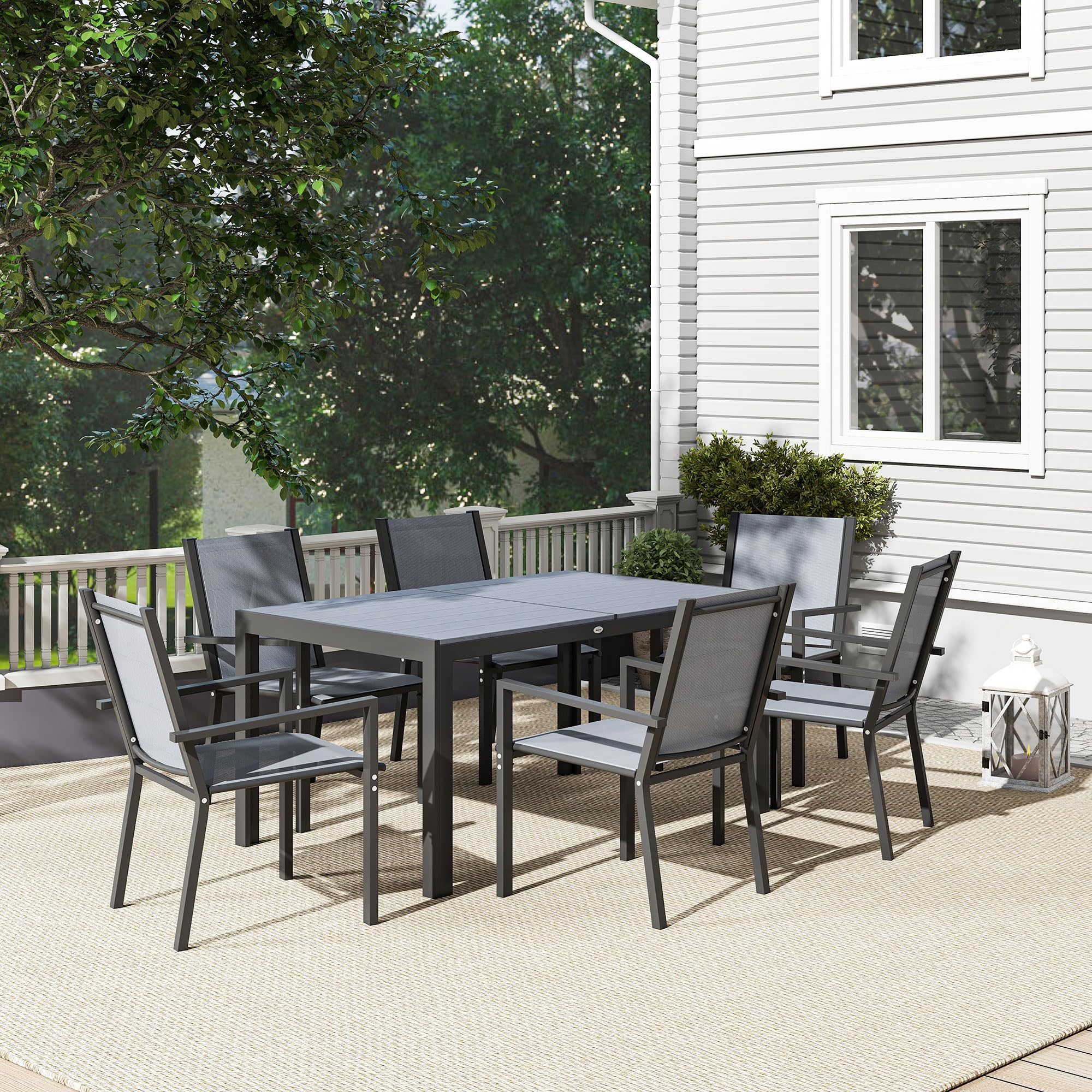 Outsunny Conjunto de Mesa y Sillas Jardín de 7 Piezas, Muebles de Jardín Exterior con 6 Sillas Apilables, Mesa con Encimera de Madera Plásticay Marco de Acero, para Terraza, Patio, Caqui y Marrón