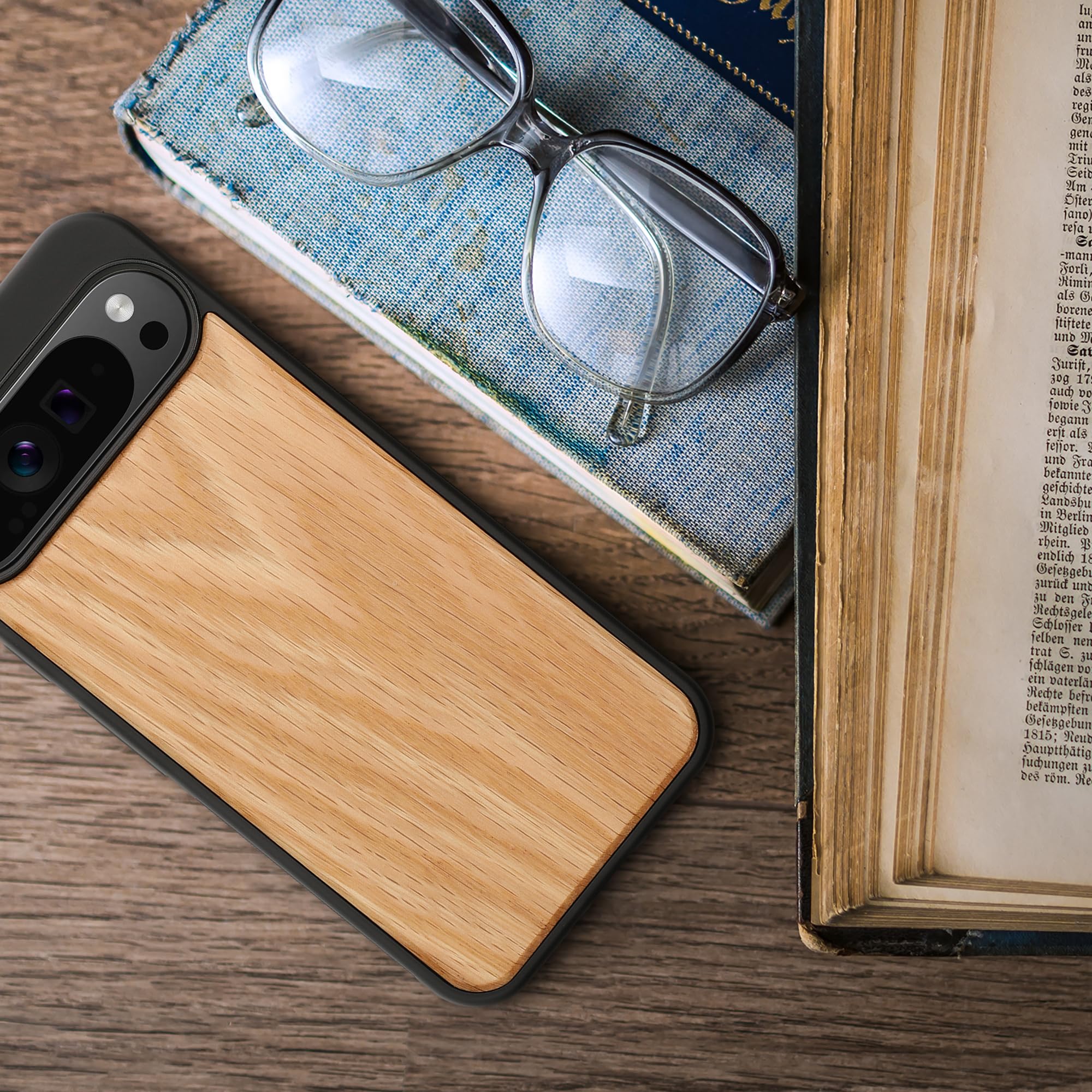 kwmobile Real Wood Case Compatible with Google Pixel 9 Pro XL Case - Hard Wooden Cover w/TPU Bumper - Light Brown/Brown oak - Image 3