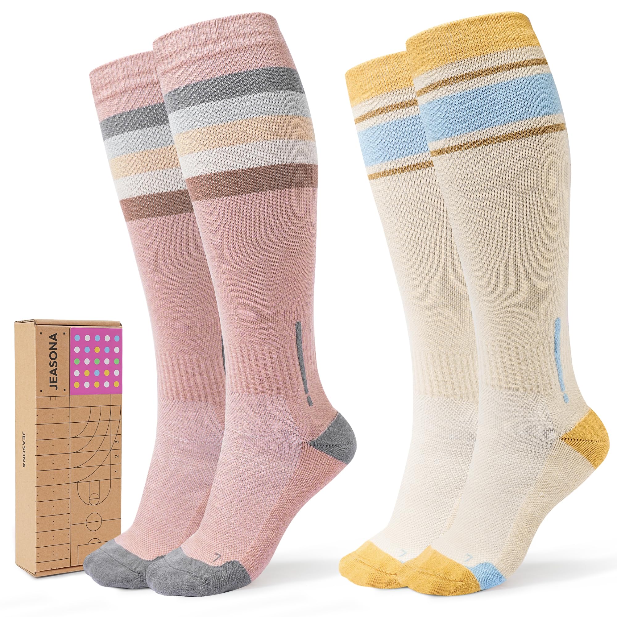 Jeasona Women's 2 Pairs Cotton Compression Socks 15-20 mmHg Knee High Gift Socks for Pregnancy, Nurses, Flying, Sports