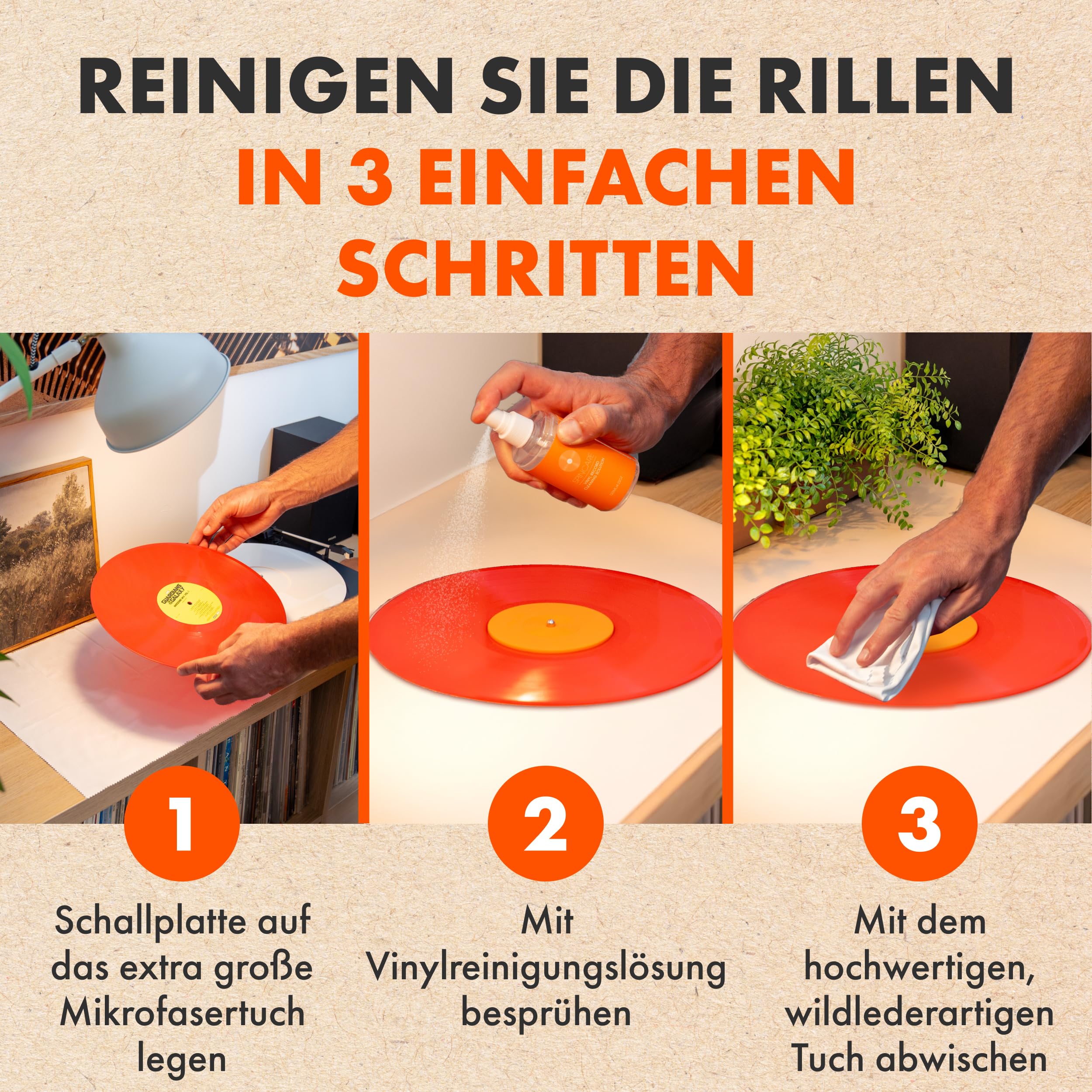 SPINCARE 7-in-1 Schallplatten Reinigungsset | Velvet Schallplattenbürste mit Holzgriff & Staubschutz | 120 ml Vinyl Reiniger, Stylus Brush, Label-Schutz & Mikrofasertücher | Vinyl Cleaning Kit