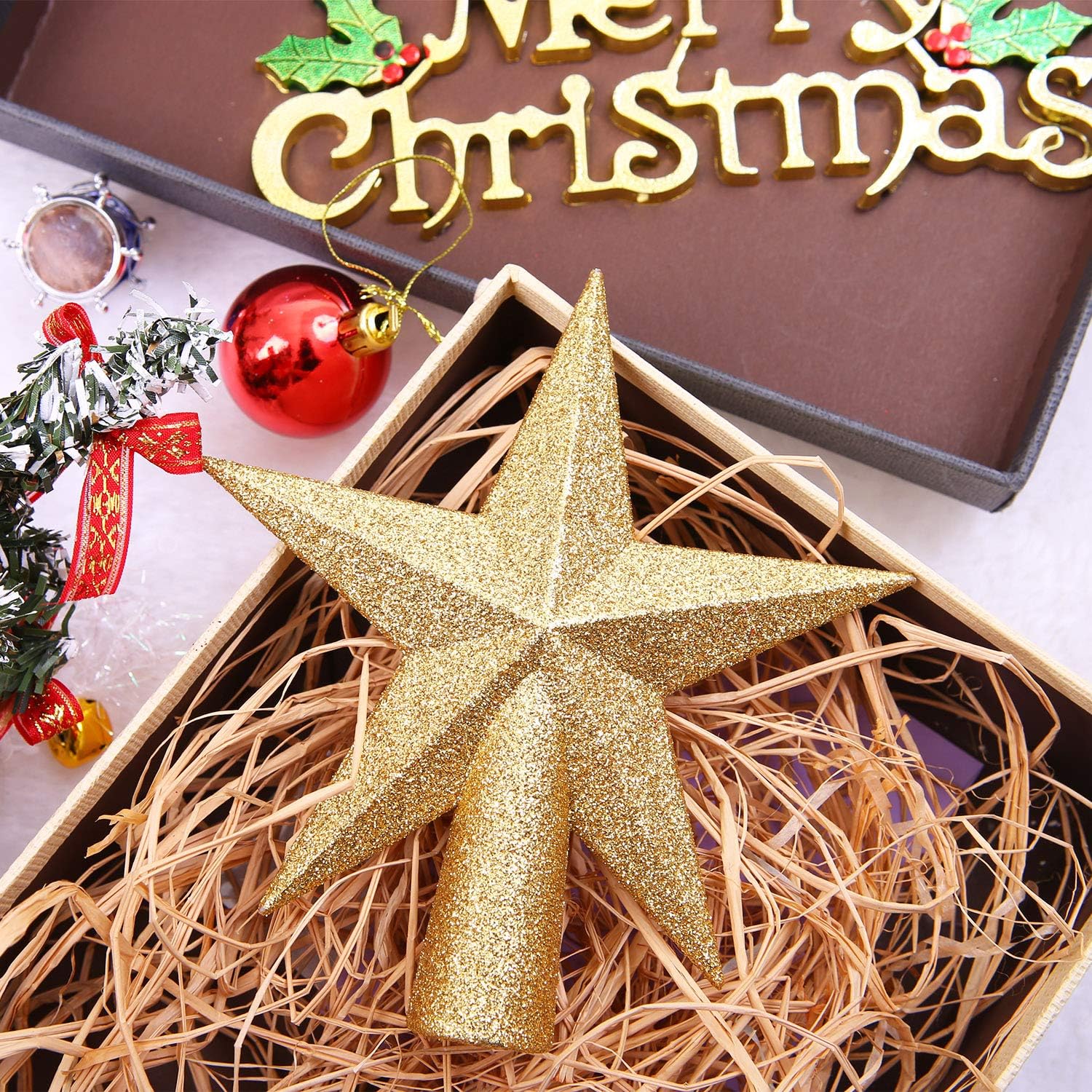 Aneco 2 Pack Glittered Christmas Tree Topper Star Treetop for Small Christmas Tree Decoration or Home Decor, Hard Plastic
