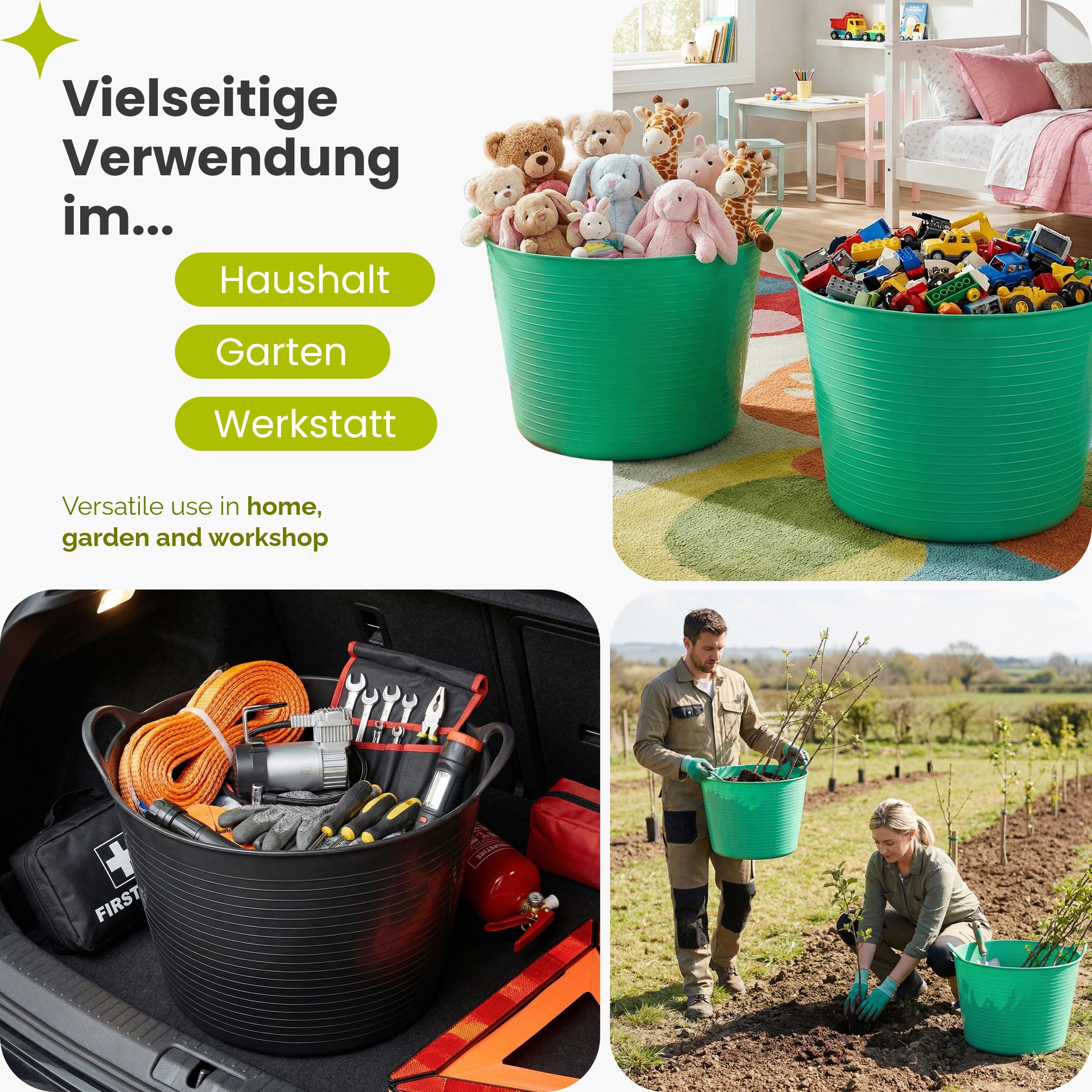 Garronda Flexibler Kunststoffkübel 4-Pack 42 L für Garten Bau Haushalt und Transport vielseitiger Universalbehälter mit Griffen GD-0184 Schwarz