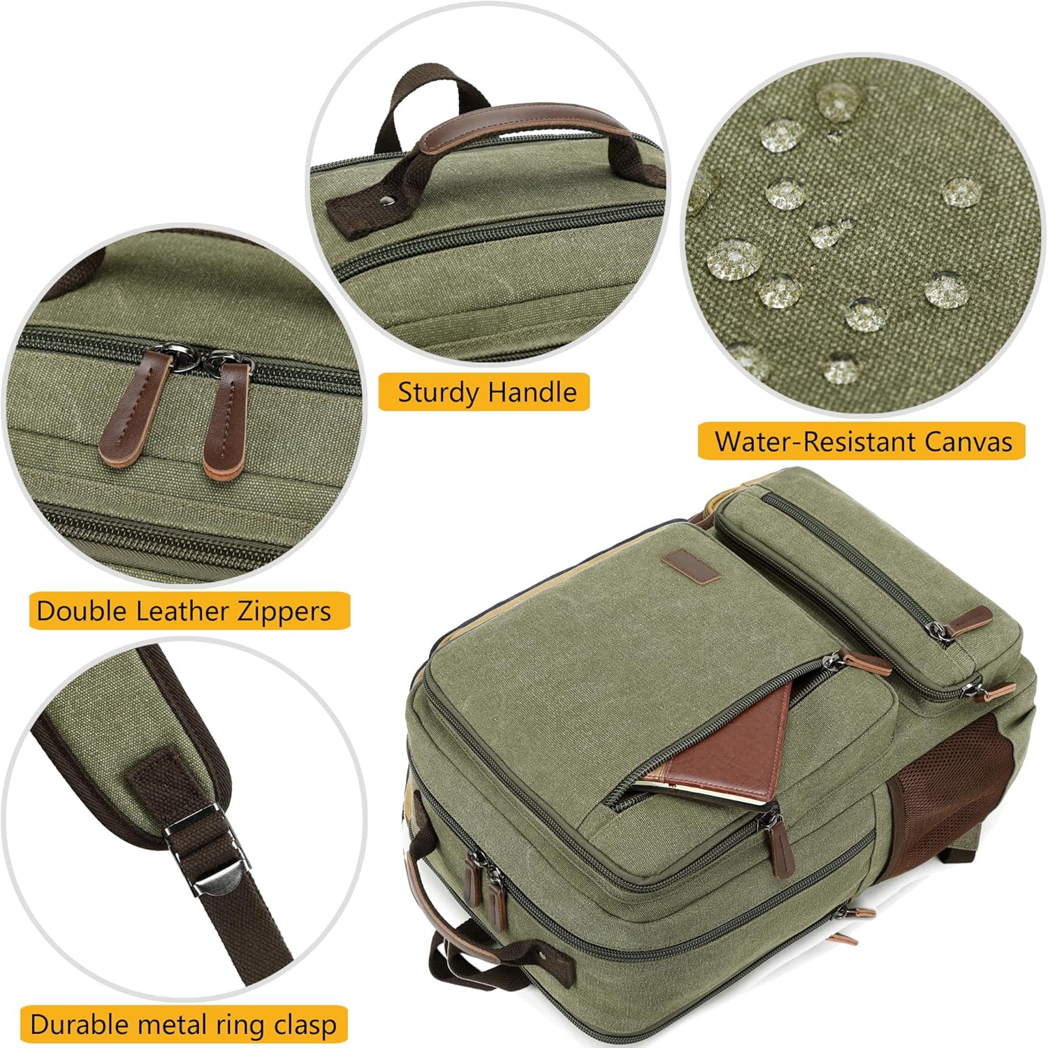 Canvas Laptop Backpack for Men Women,Durable Travel Work Business Rucksack Bookbags Fits 15.6 Inch Notebook & Laptops,College Backpacks Computer Bag Weekender Hiking Daypack(Green) - Image 4