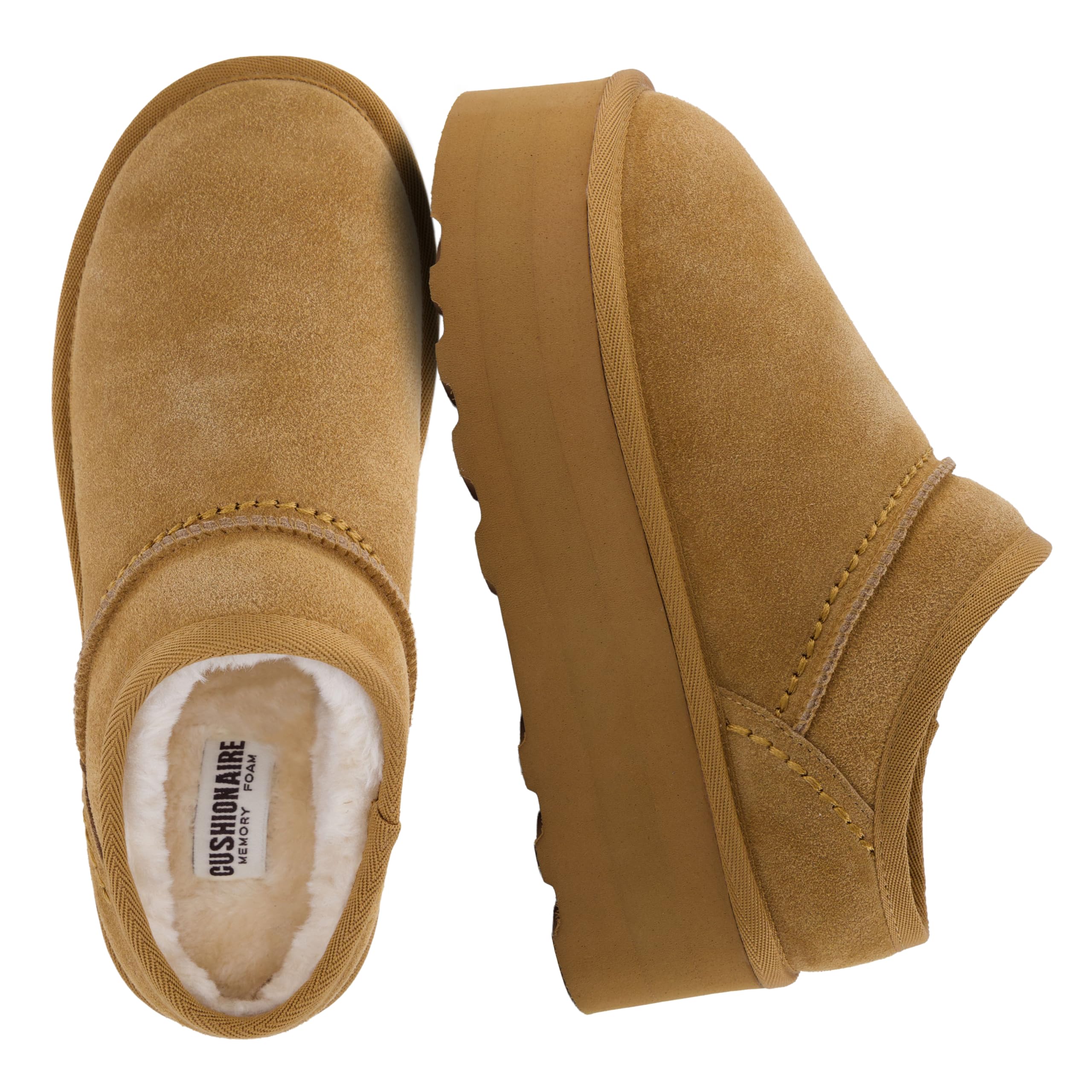 CUSHIONAIRE Huggy-2 Platform Slippers for Women, Cozy Genuine Suede Slip-On Ankle Boots for Indoor Outdoor Wear, Womens Slippers