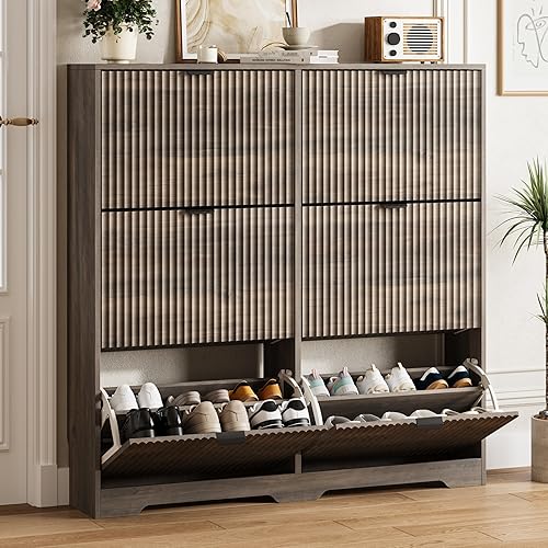 Miniatura 19 de Armario de almacenamiento para zapatos para entrada con 4 cajones abatibles, armario de zapatos acanalado gris con estantes ajustables, estante