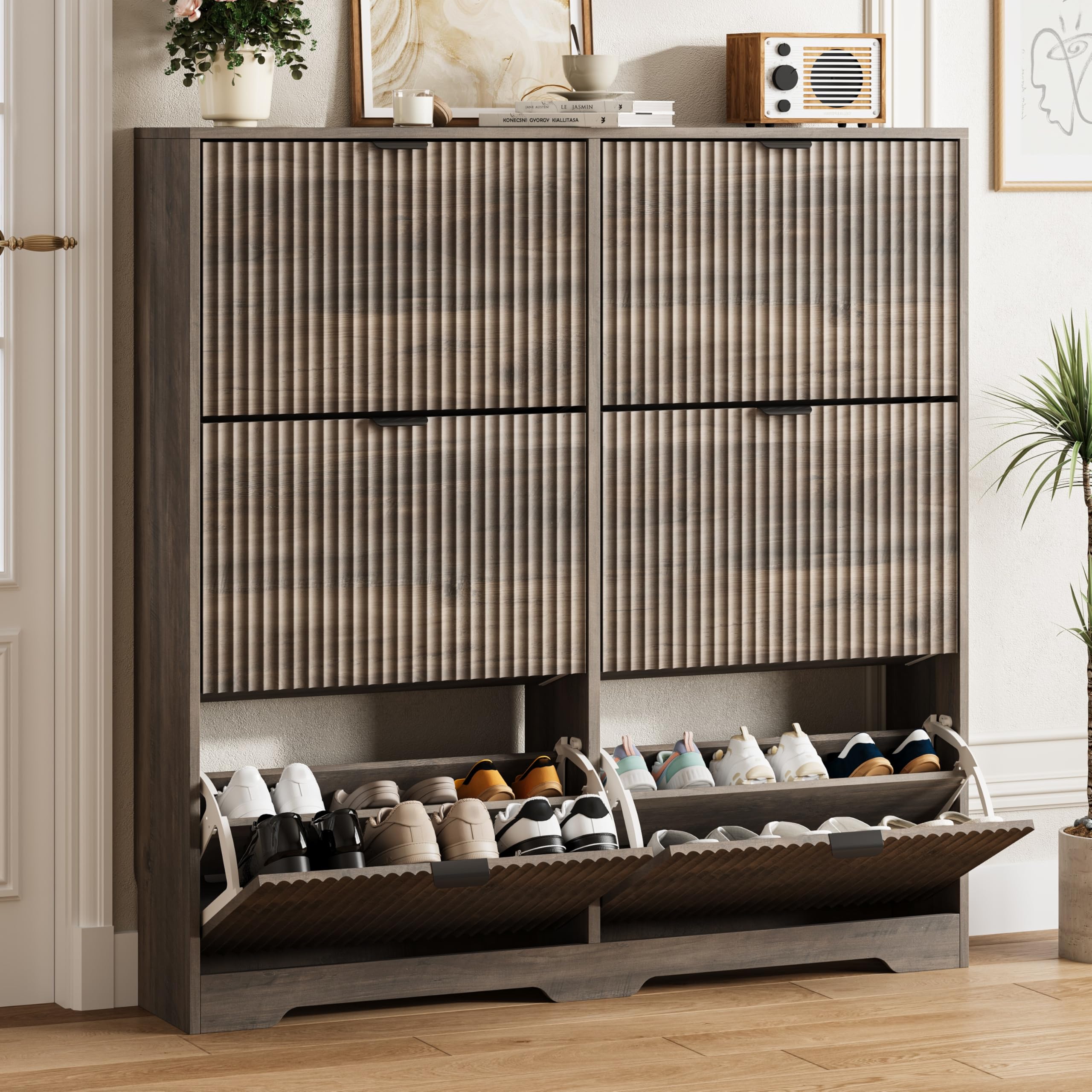 HUANLEGO Shoe Cabinet Storage for Entryway with 6 Flip Drawers, Grey