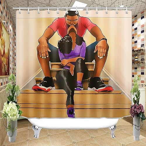 Miniatura 2 de Juego de cortinas de ducha de tela con diseño de pareja africana con ganchos, impermeable, lavable, 72 x 72 pulgadas, negro, morado, rojo