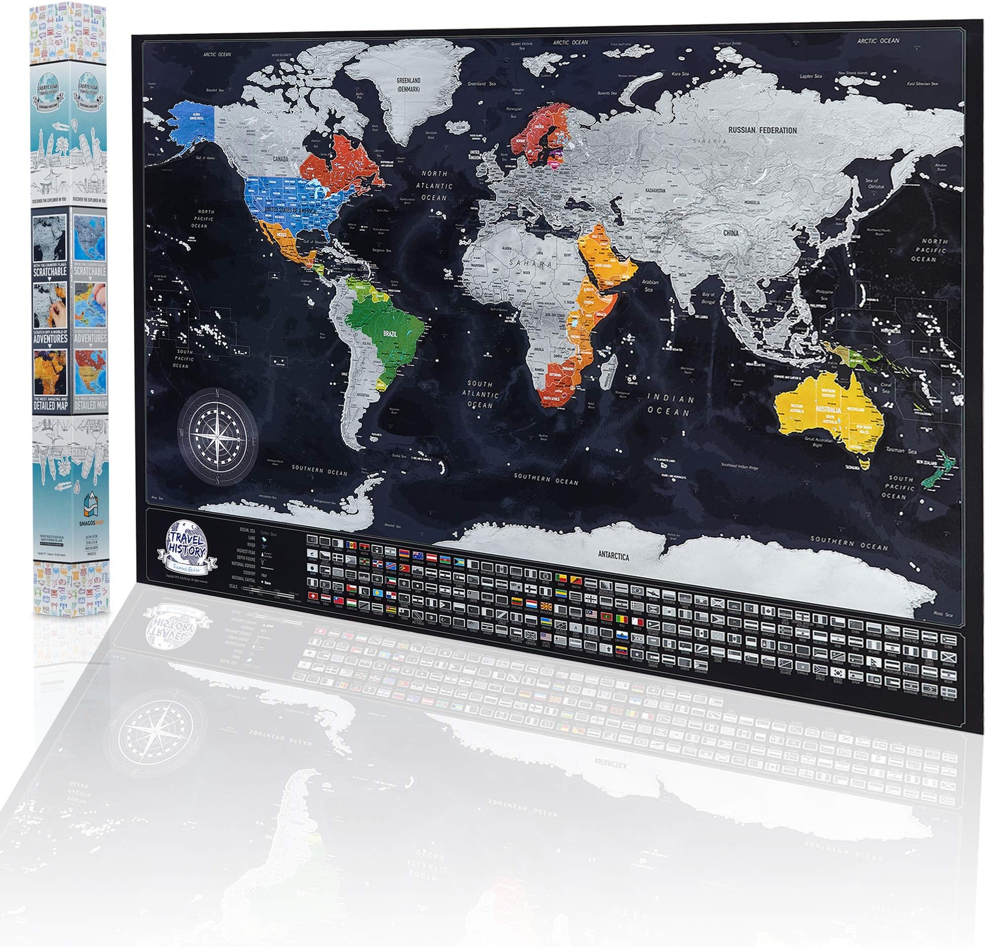 Detailed scratch off world map with countries flags, biggest cities and capitals, detailed cartography scratch world map poster, made in EU Map – Wall Map, 1 Jan. 2020