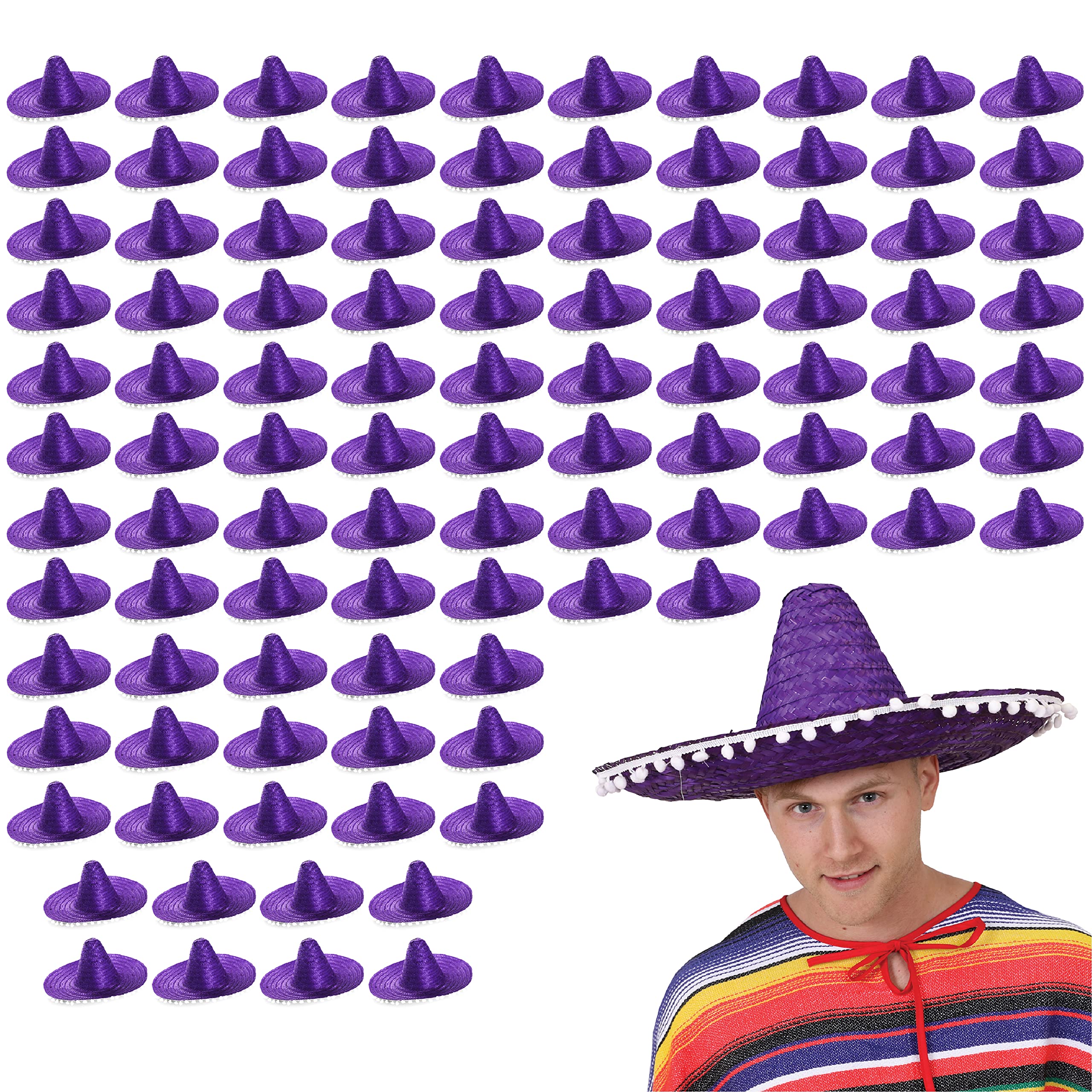 Purple Mexican Sombrero - Pack of 48 - Straw Sombrero with White Pom Poms - Straw Hat Fancy Dress Costume Ideal for Hen/stag Night, Summer, Beach Party, Wholesale Bulk