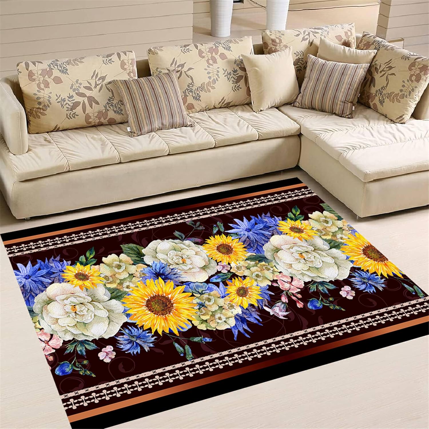 Yellow Sunflower Area Rug,3x5ft Farmhouse Country Floral Rug, Non-Slip Washable Low Pile Soft Indoor Rug for Living Room, Bedroom, Dining Room, Office, Study, Kitchen