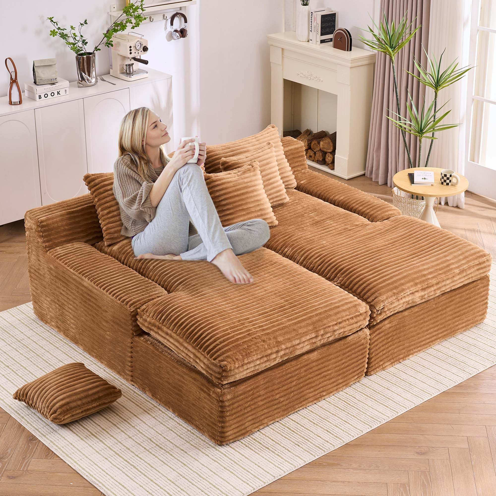 79.52" Oversized Boneless Sofa Bed, Double Chaise Lounge Sofa Indoor Loveseat Sleeper, Fluffy Compressed Corduroy Cloud Couch Sectional Floor Chair for Living Room Apartment, Brown